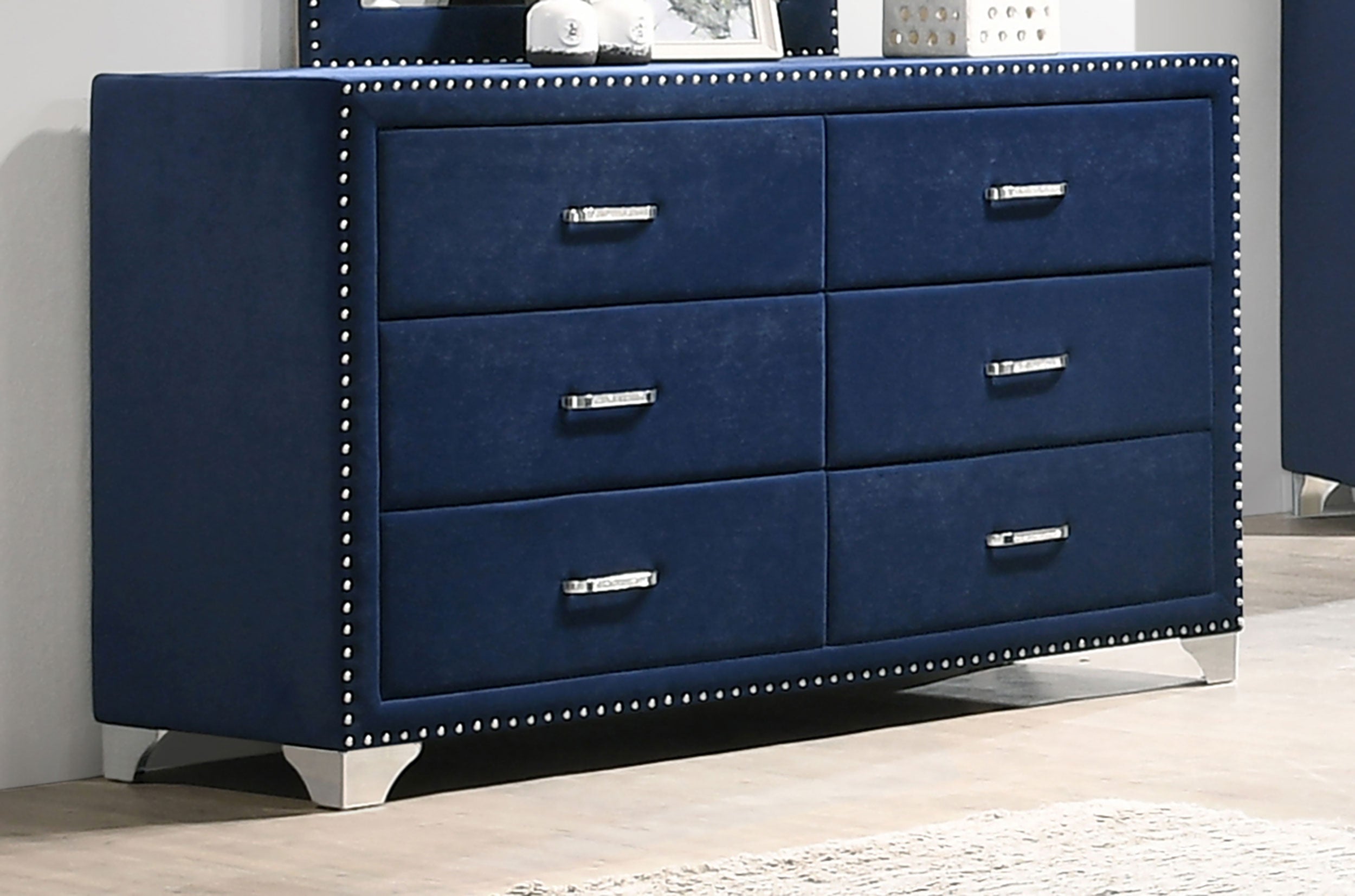 Melody 6-drawer Upholstered Dresser with Mirror Pacific Blue