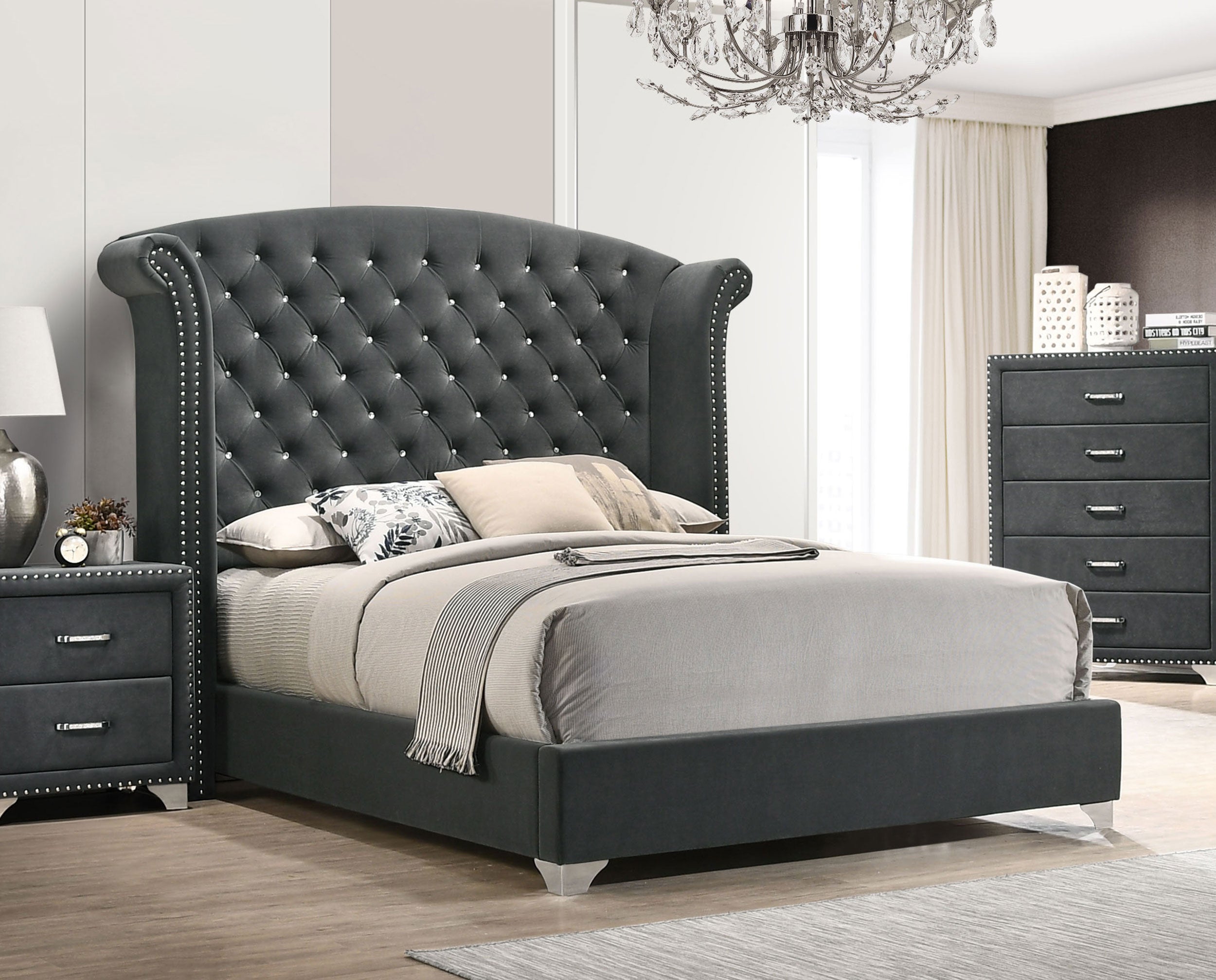 Melody  Wingback Upholstered Bed Grey