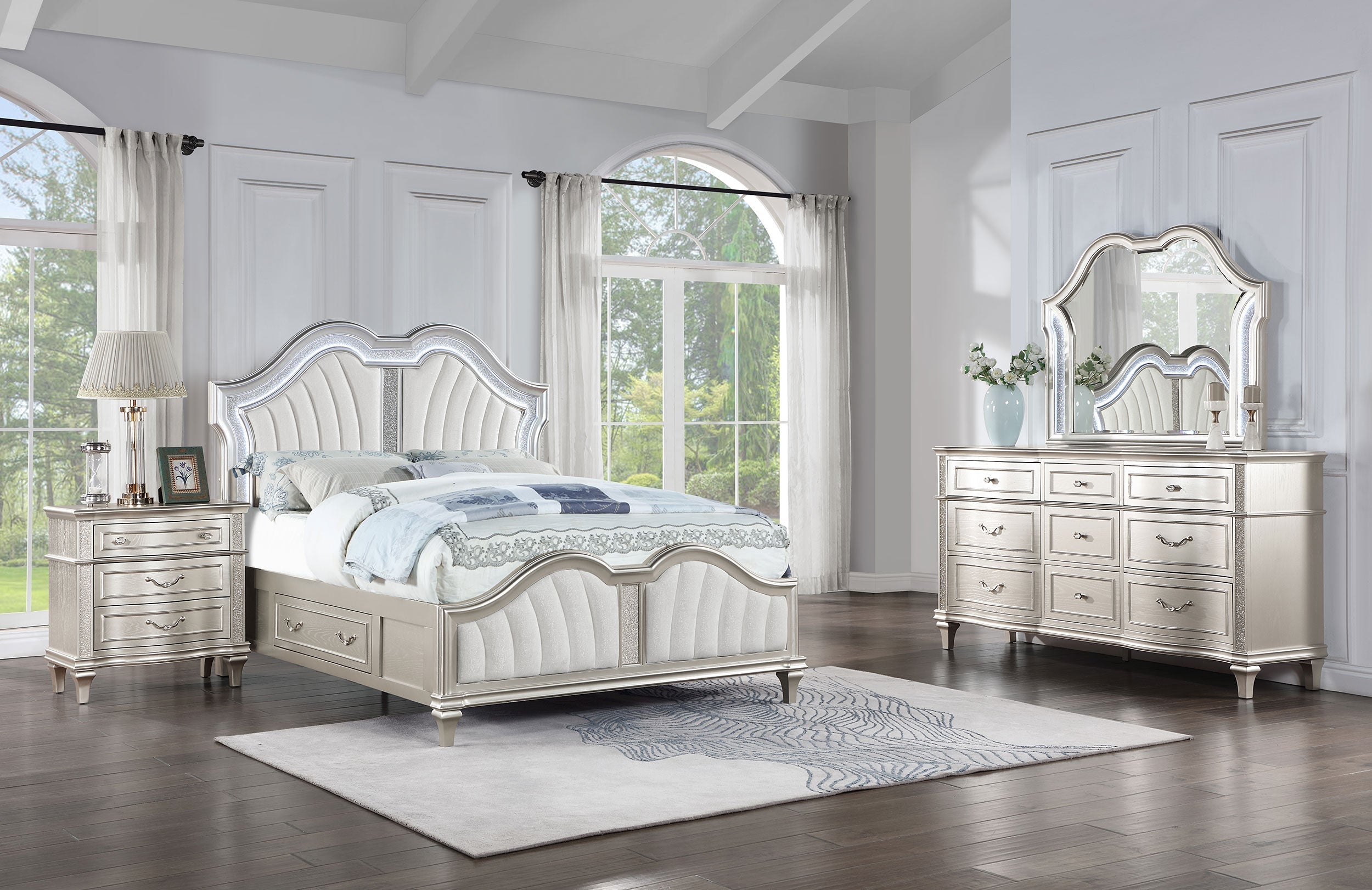 Veronica   Storage Bed with LED Headboard Silver Oak and Ivory