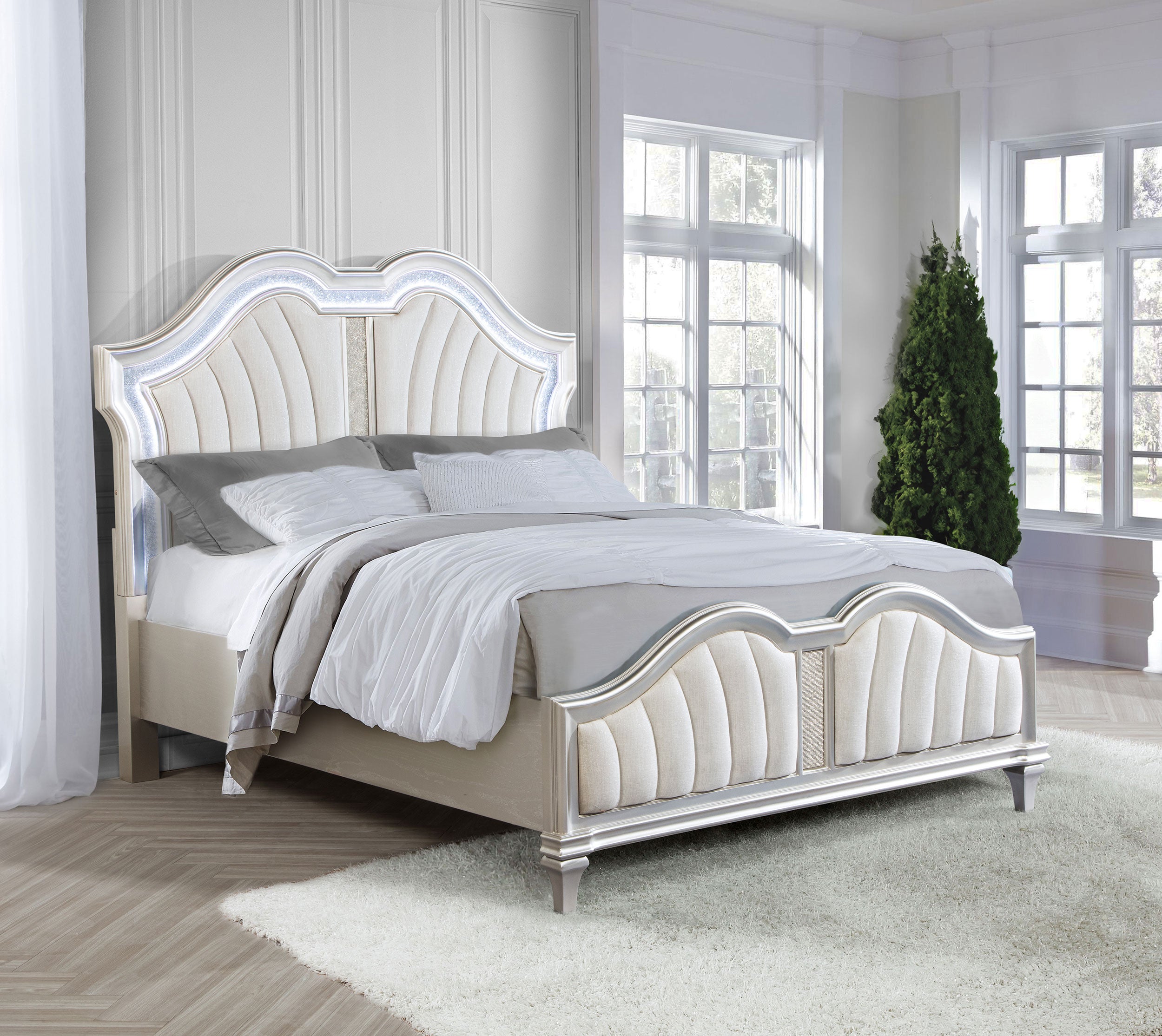 Evangeline Wood LED Panel Bed Silver Oak