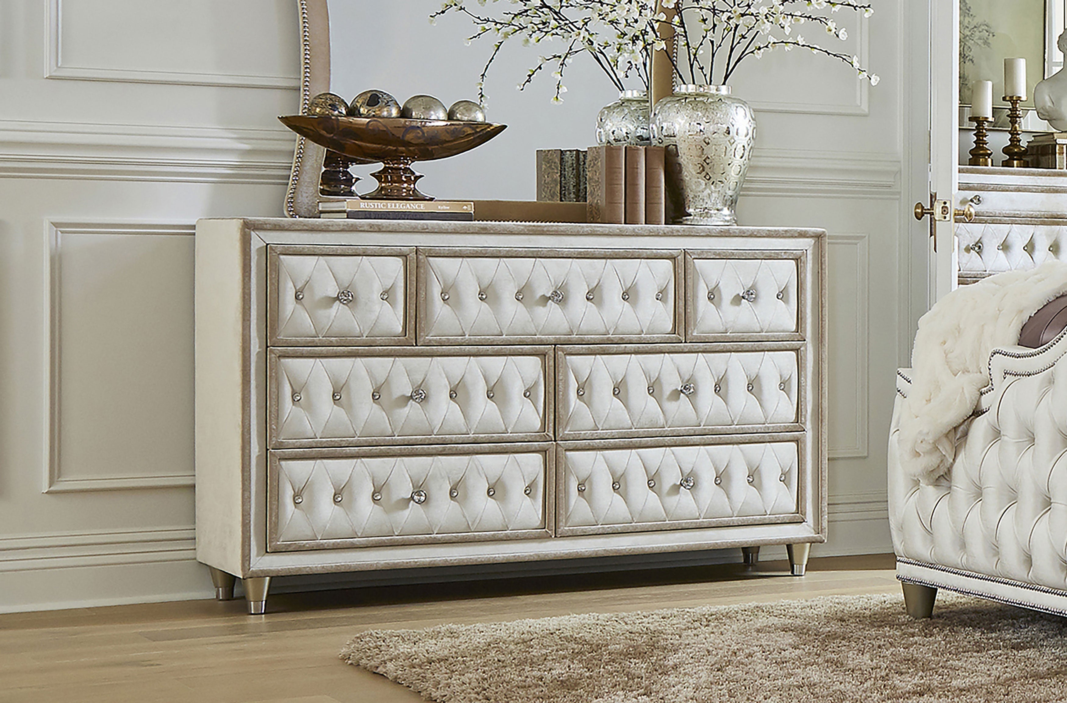 Antonella 7-drawer Upholstered Dresser with Mirror Ivory and Camel