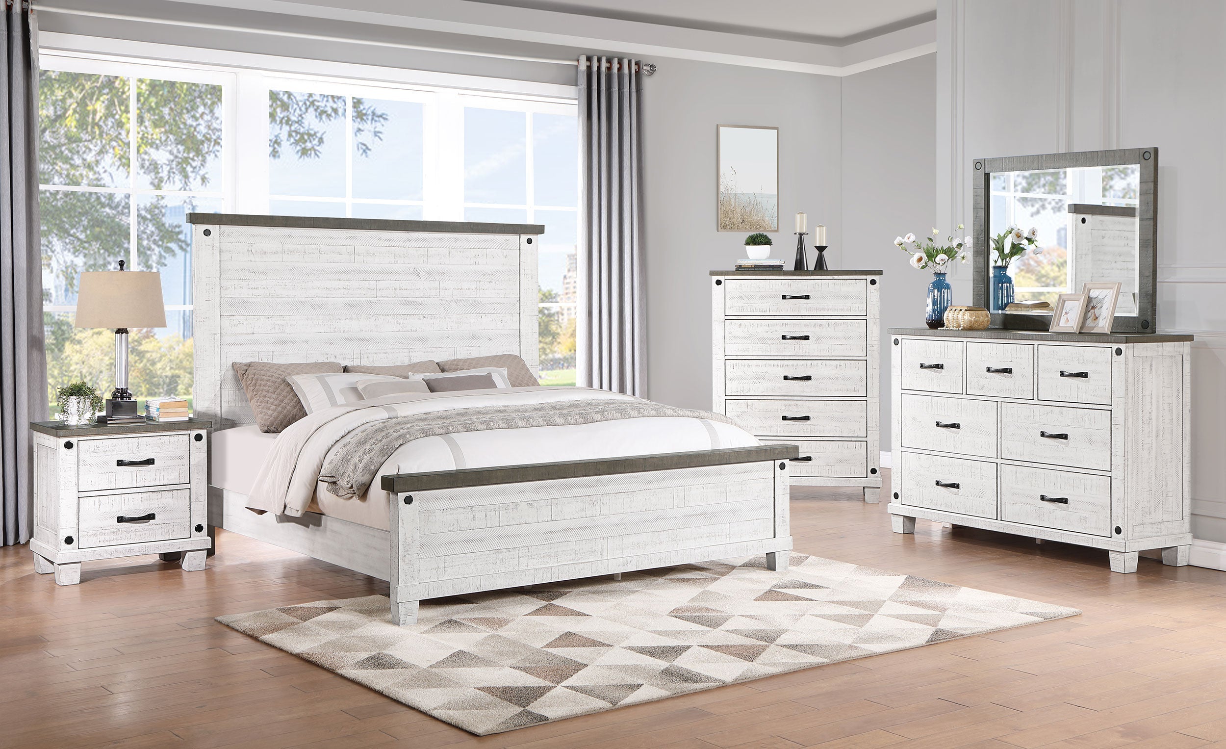 Lilith  Panel Bed Distressed Grey and White