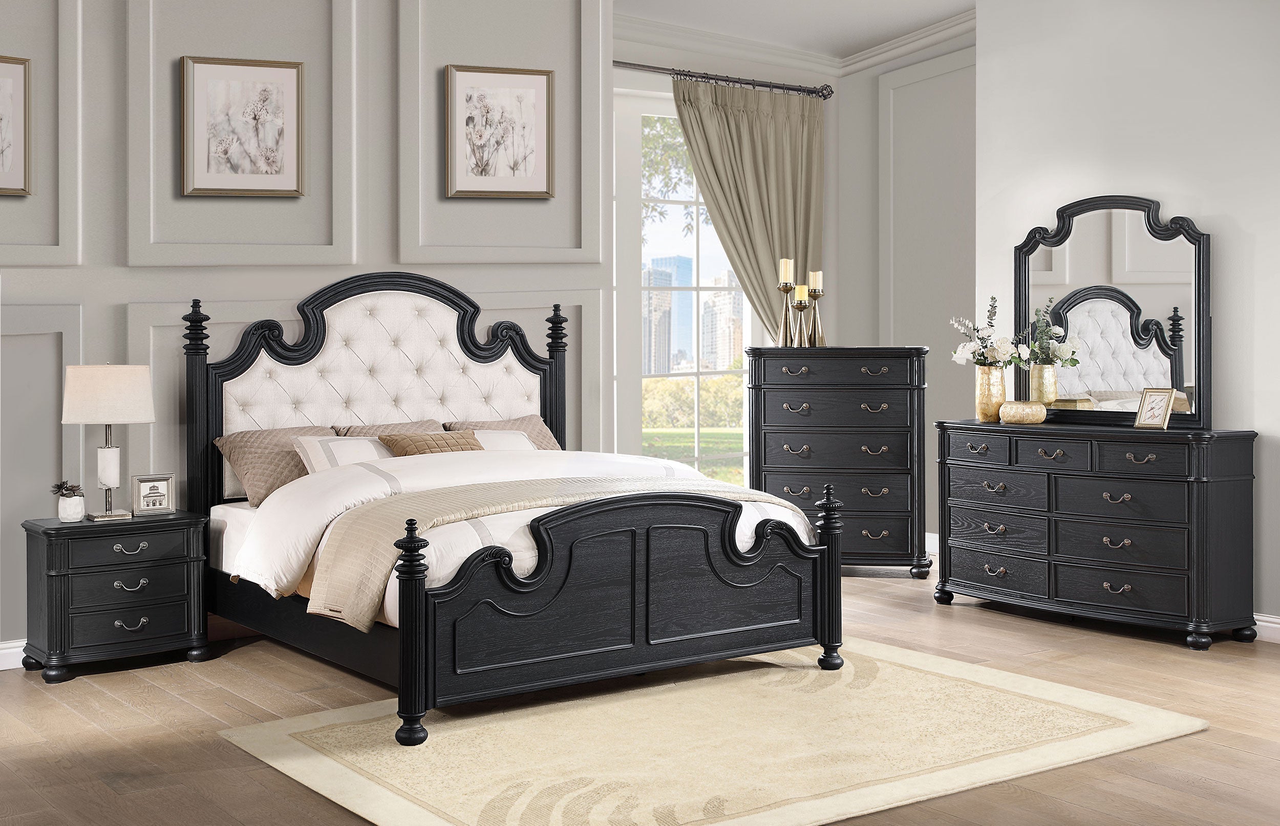 Celina  Bed with Upholstered Headboard Black and Beige