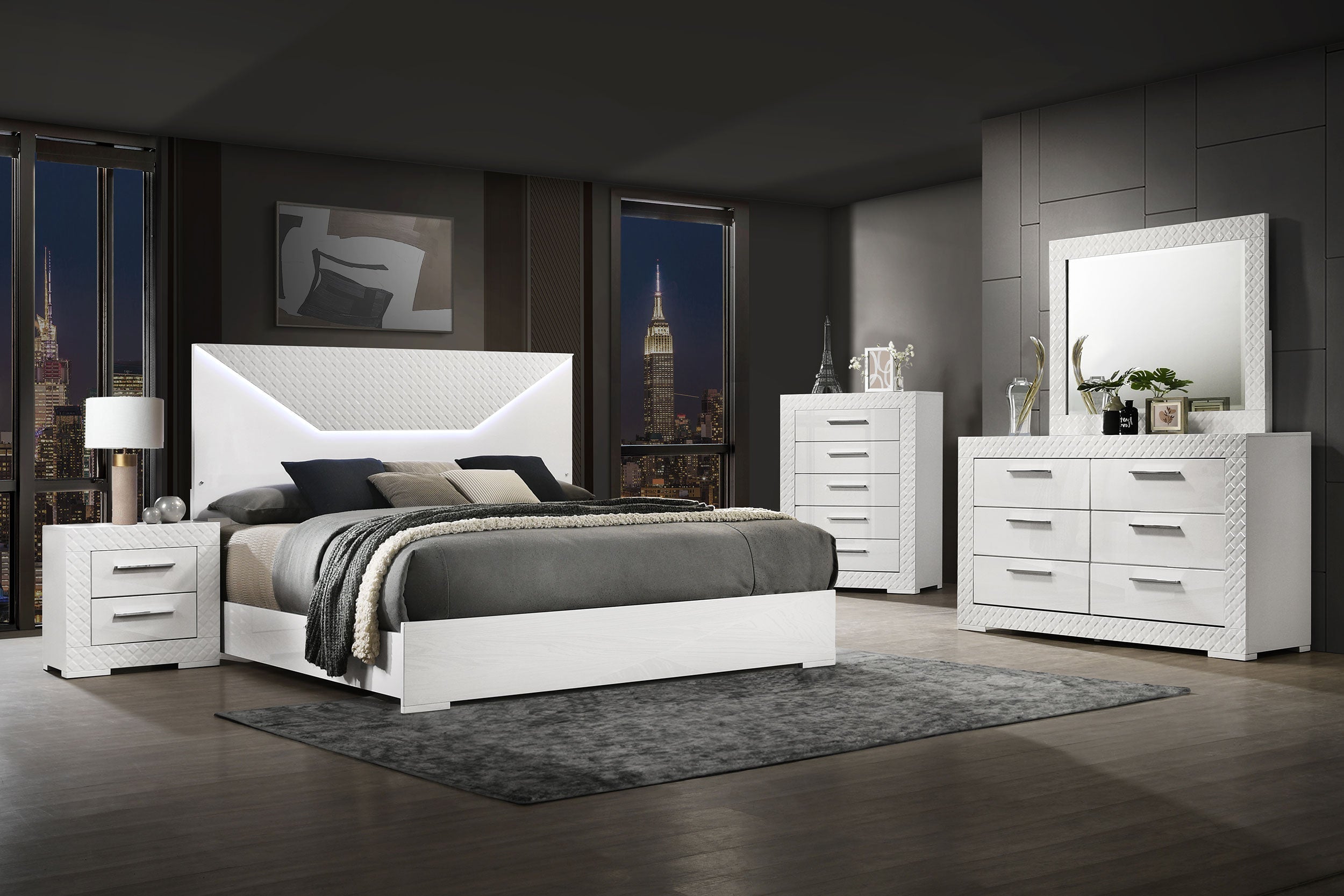 Ives  Panel Bed LED Headboard White High Gloss