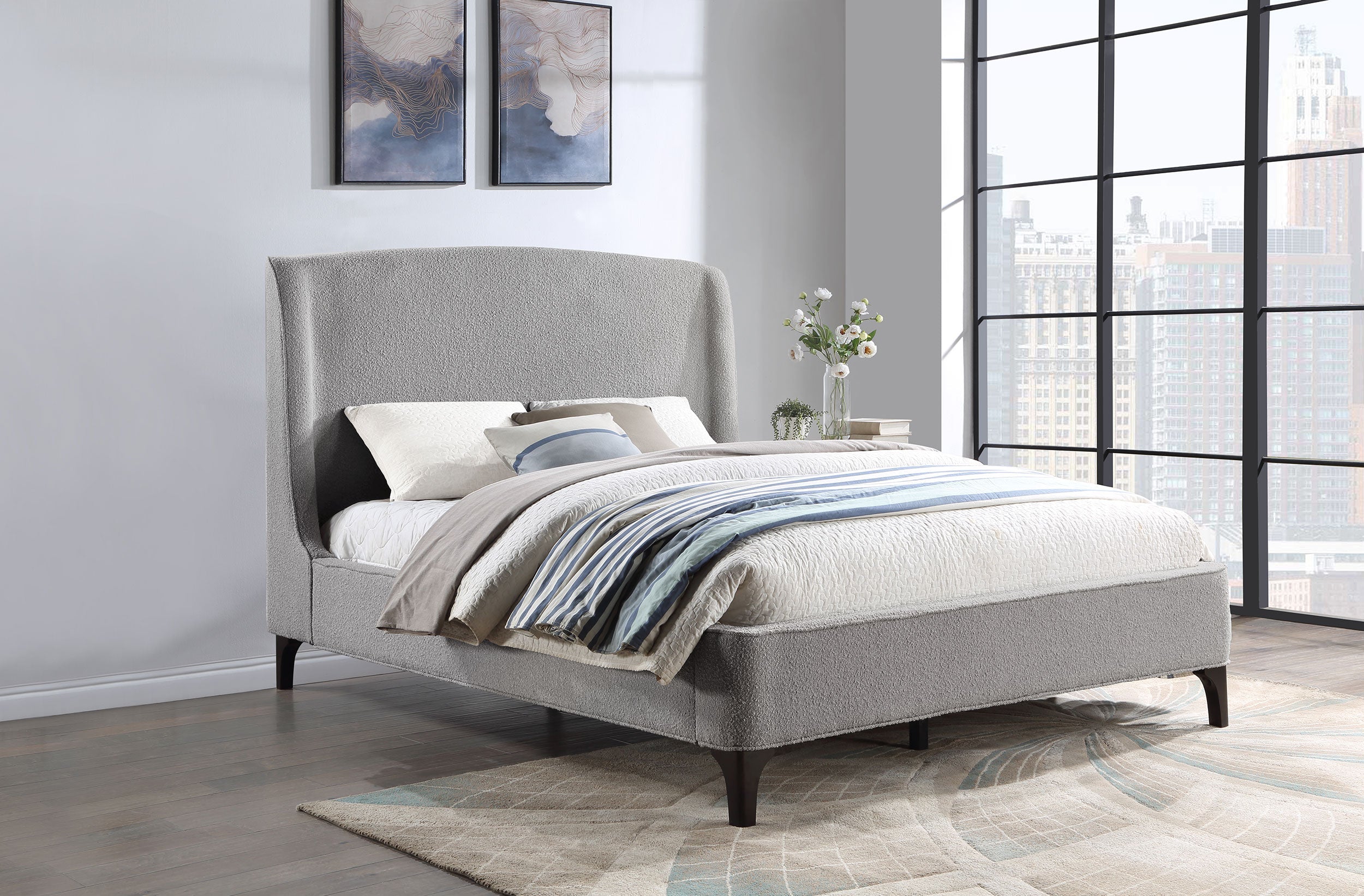 Mosby Upholstered Curved Headboard  Platform Bed Light Grey