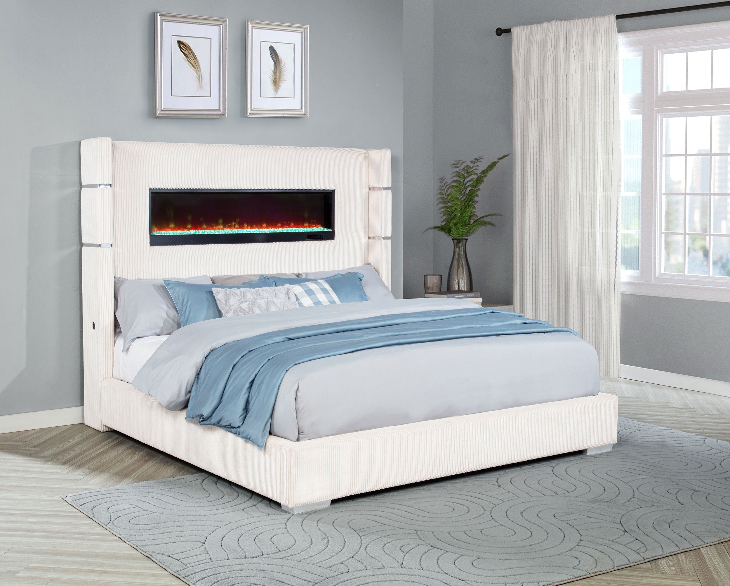 Tisdall 67-inch Upholstered Queen Fireplace Bed Cream