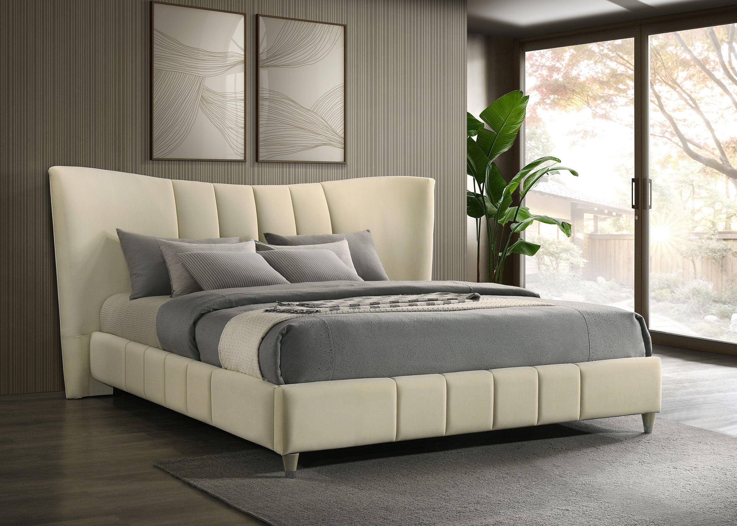 Evelyn Upholstered Panel Platform Bed Ivory