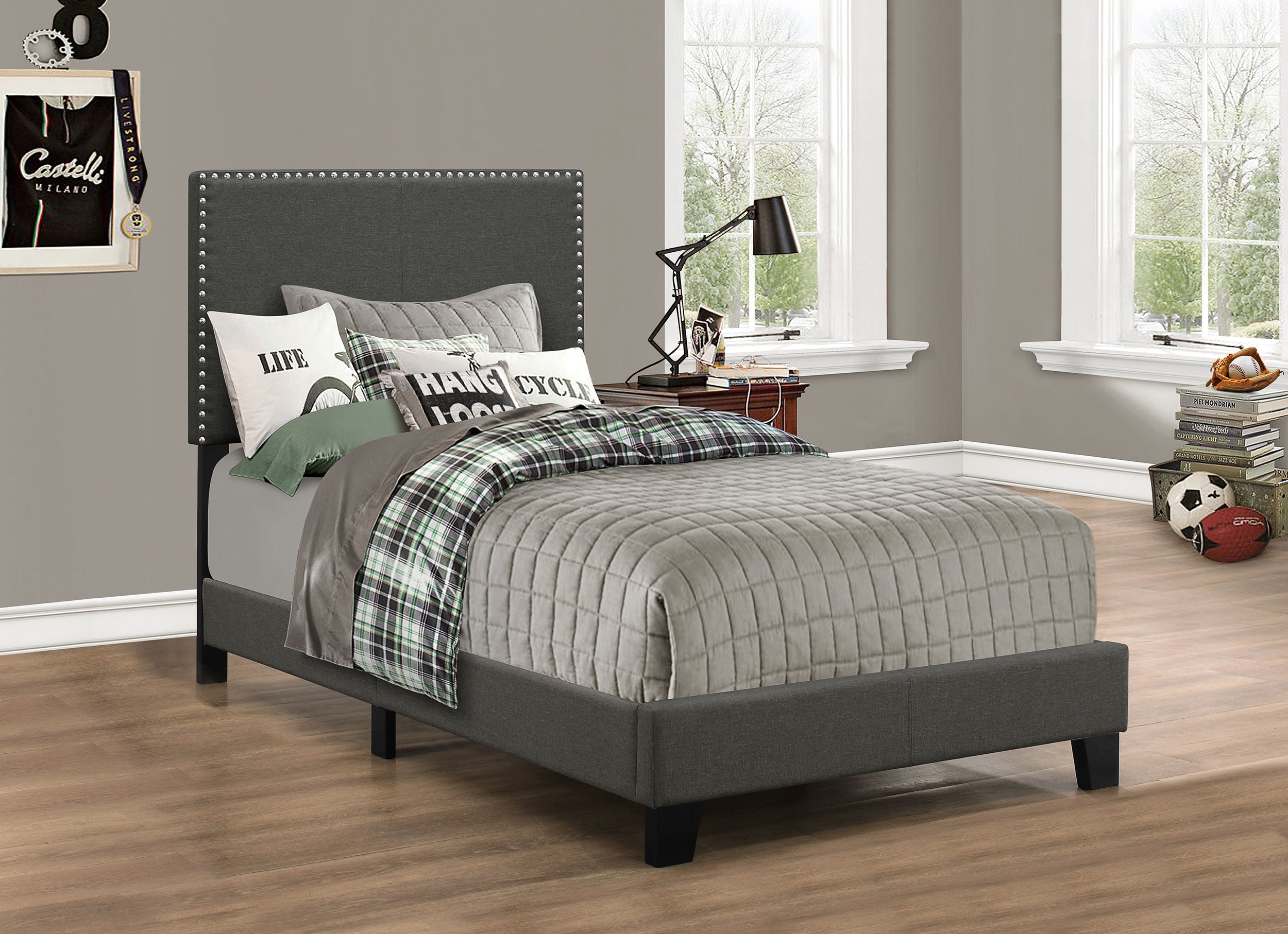 Boyd  Upholstered Bed with Nailhead Trim Charcoal