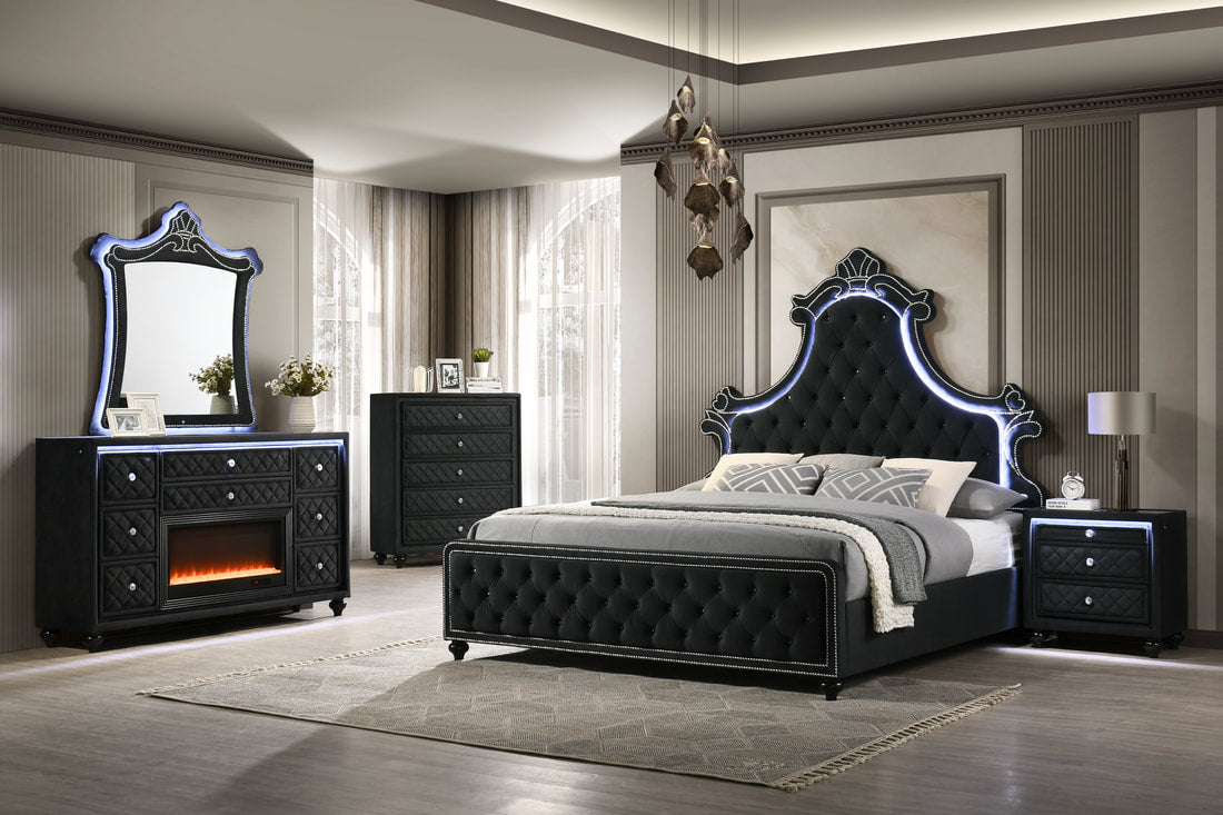 King 4pc Black Velvet with LED Bedroom set