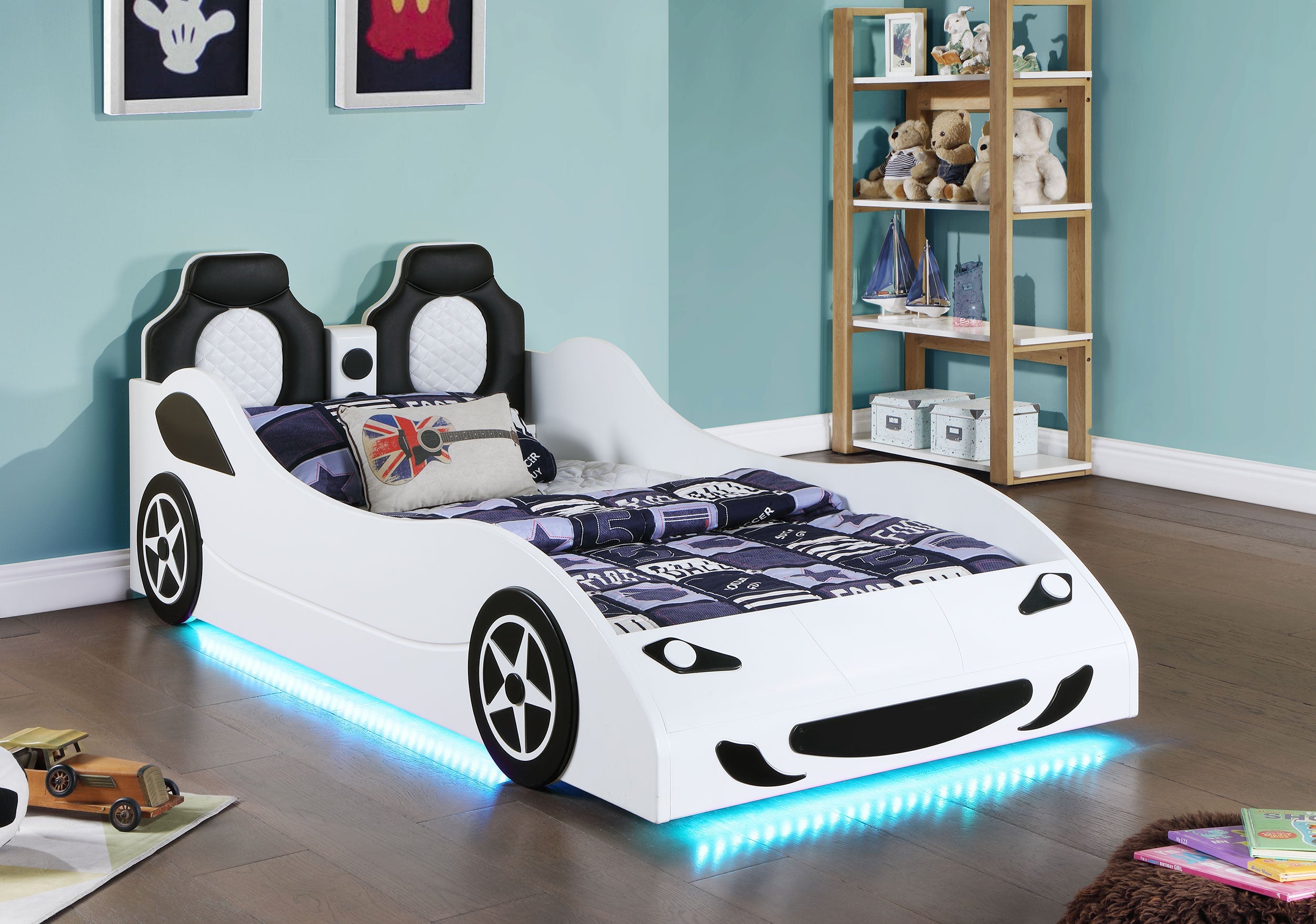 Cruiser Wood  LED Race Car Bed and 7-inch Mattress Blue
