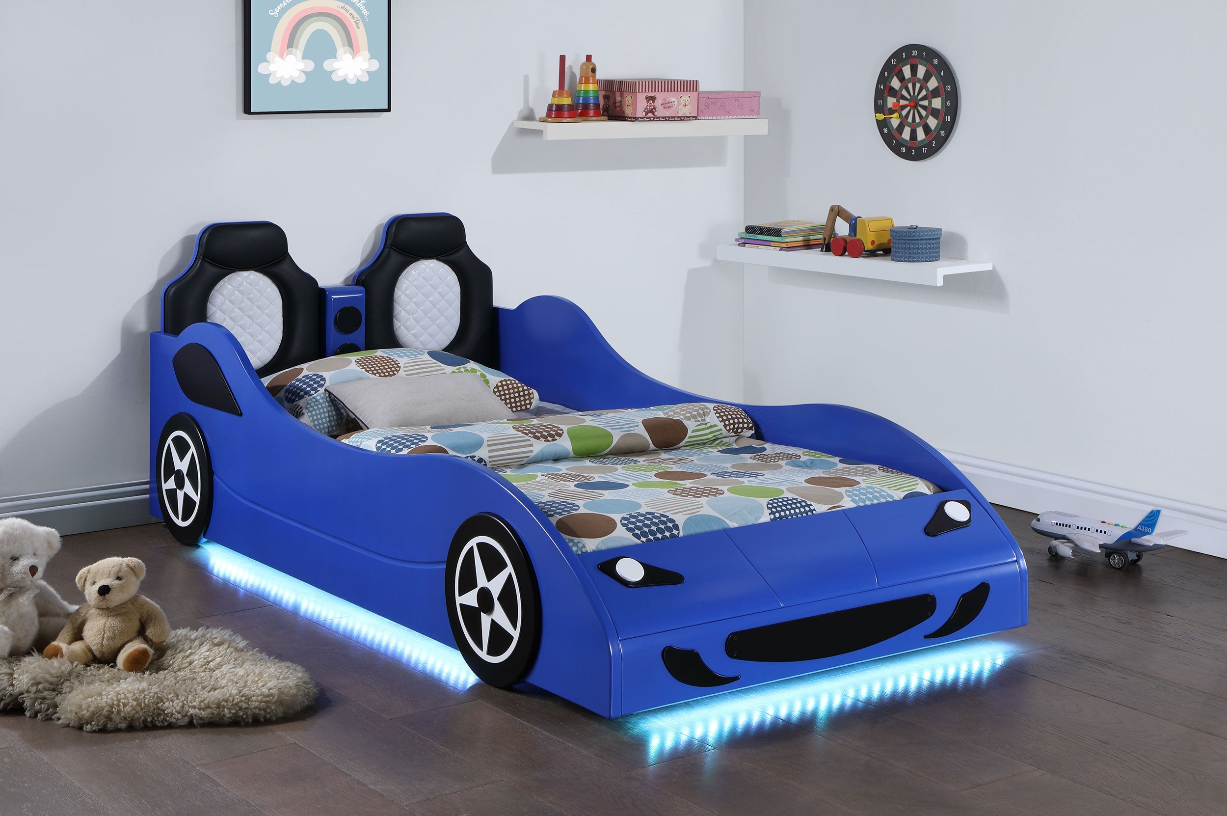 Cruiser Wood  LED Race Car Bed and 7-inch Mattress Blue