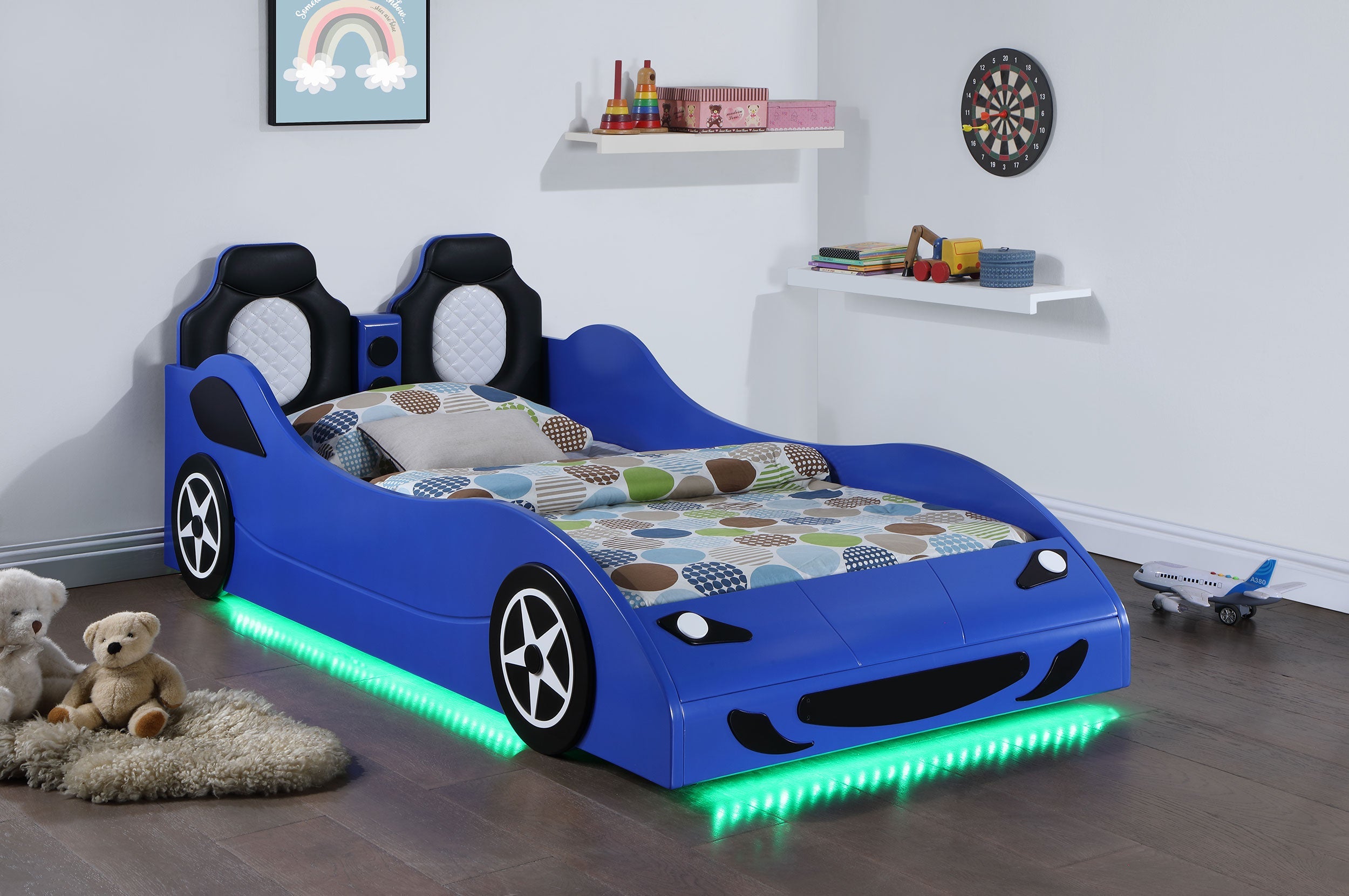 Cruiser Wood  LED Race Car Bed and 7-inch Mattress Blue