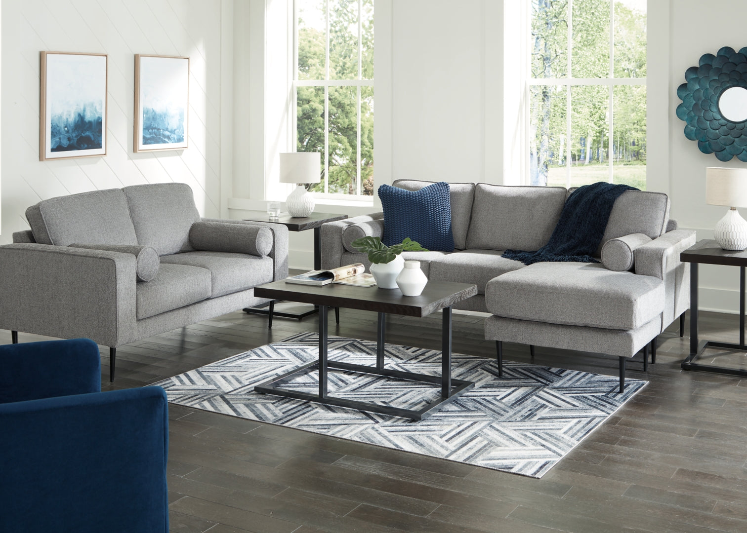 Hazela Sofa Chaise, Loveseat, Chair, and Ottoman