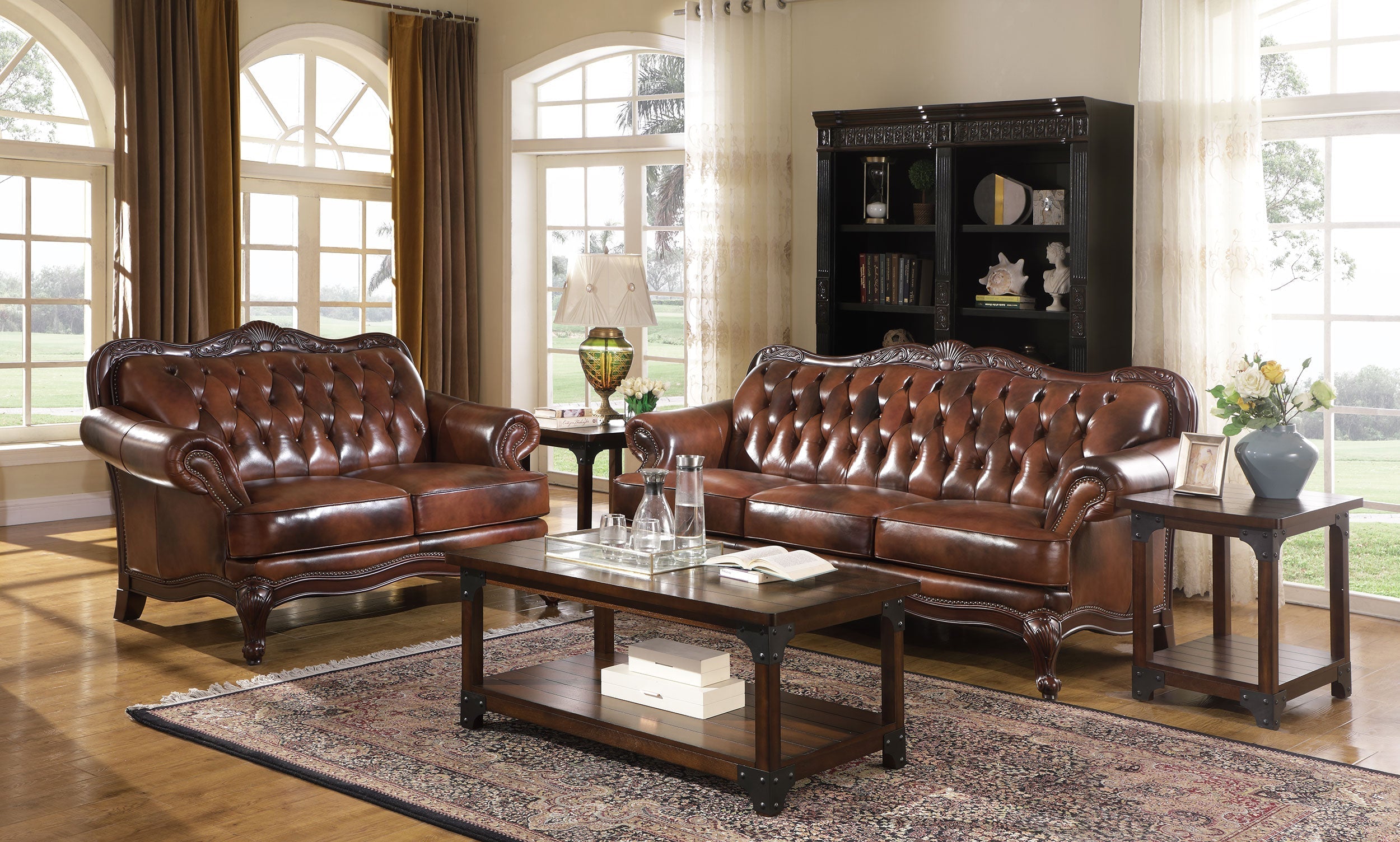 Victoria Upholstered Tufted Living Room Set Brown