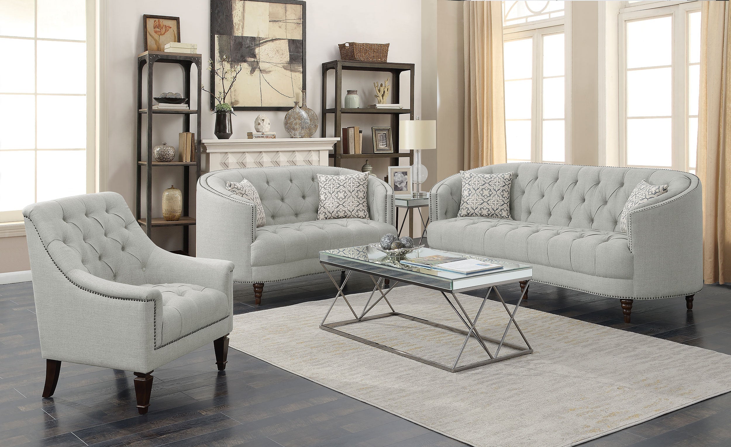 Avonlea Upholstered Tufted Living Room Set Grey