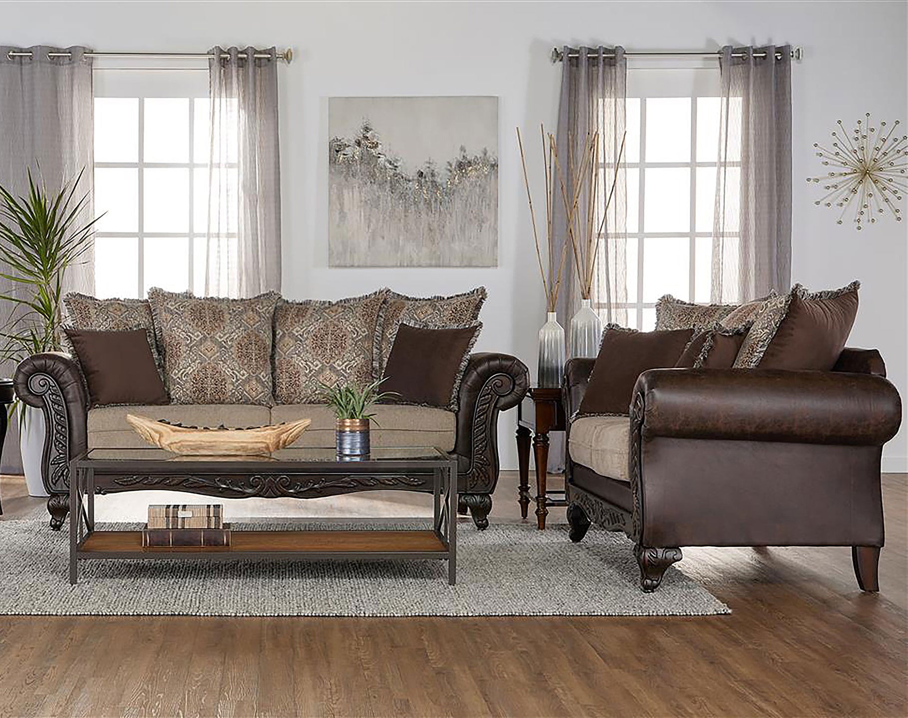 Elmbrook  Upholstered Rolled Arm Sofa Set Brown