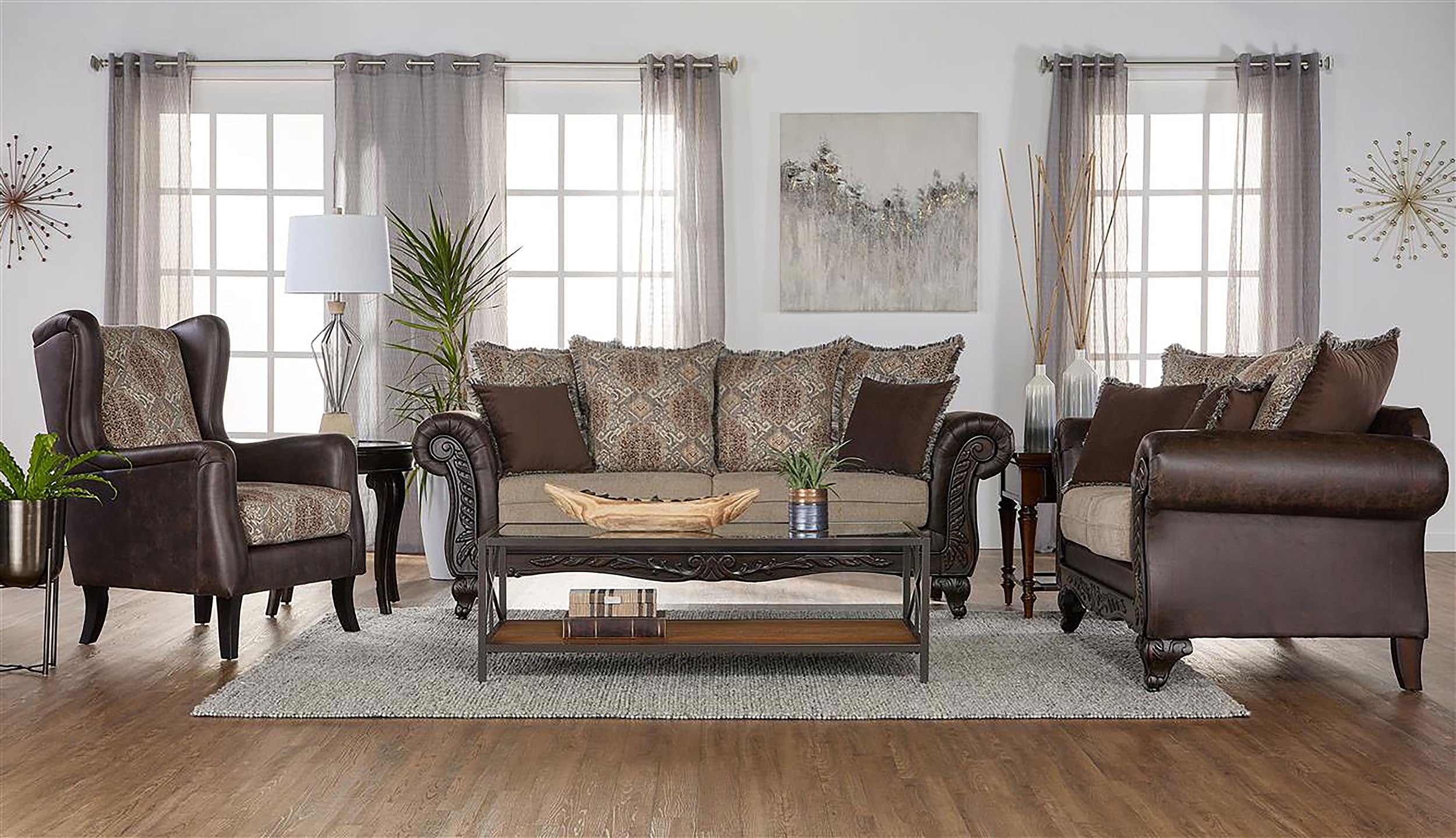 Elmbrook  Upholstered Rolled Arm Sofa Set Brown