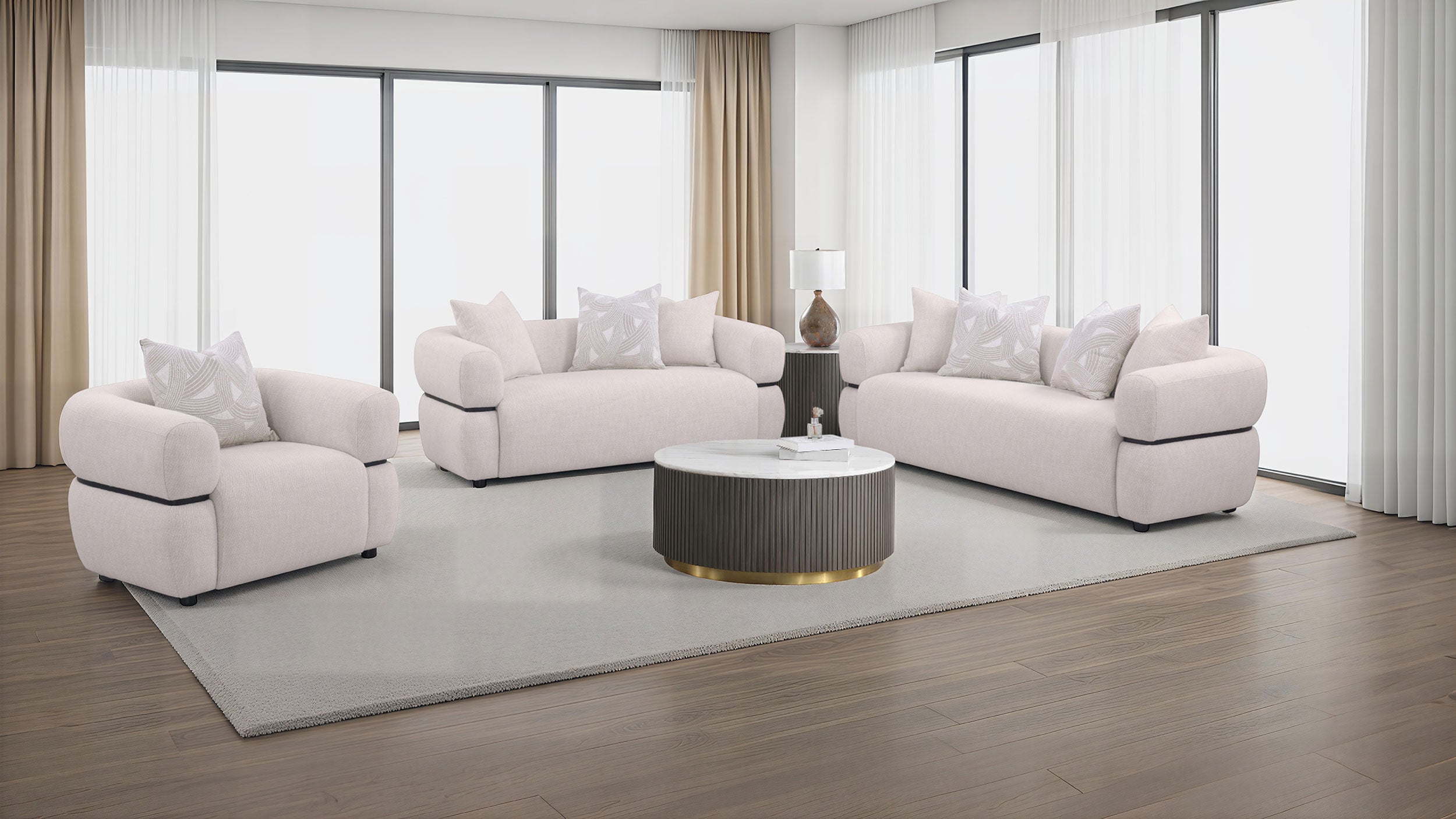 Jeanette Fabric Upholstered Round Arm Sofa Set Beige