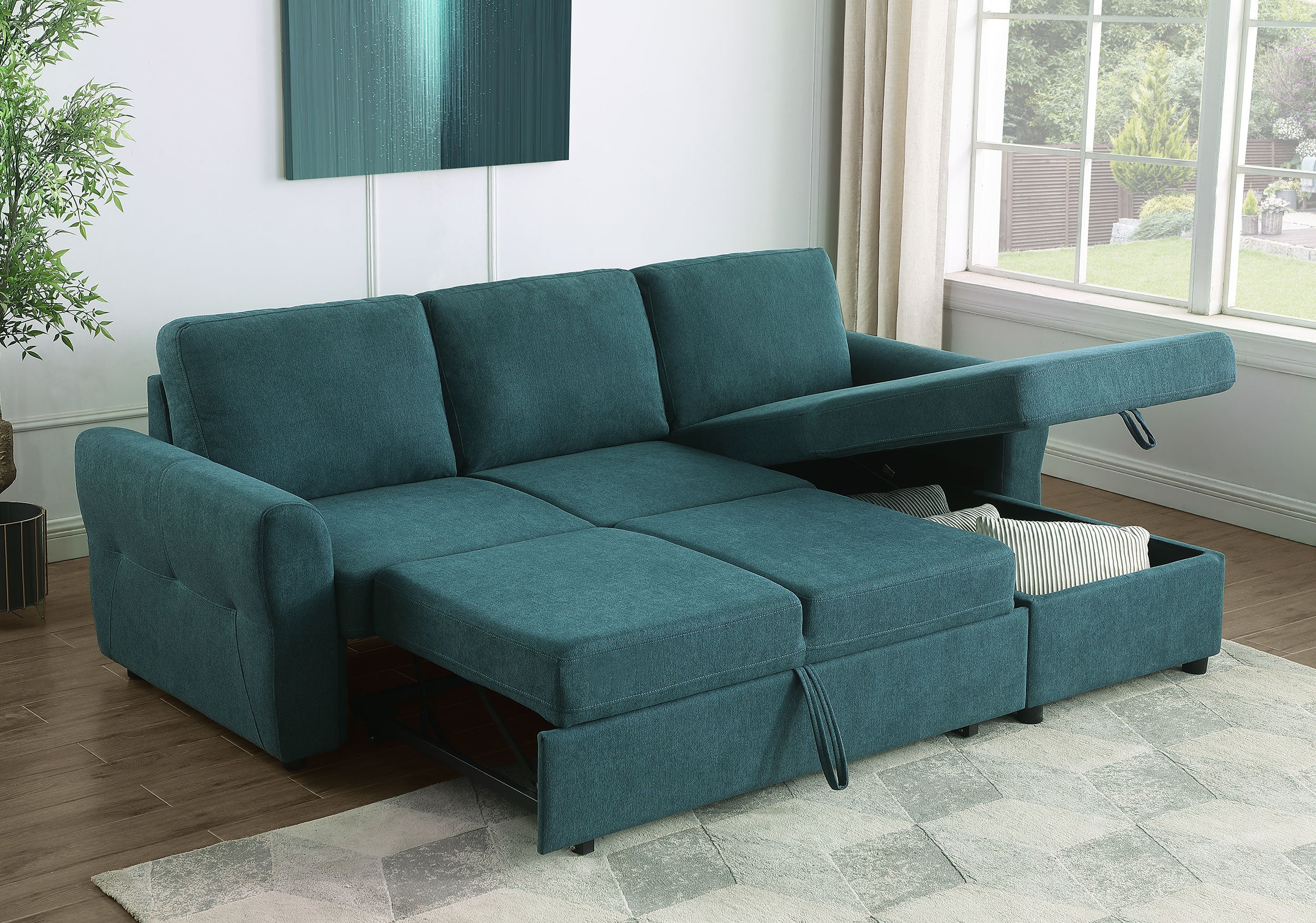 Samantha Upholstered Sleeper Sofa Sectional with Storage Chaise Grey