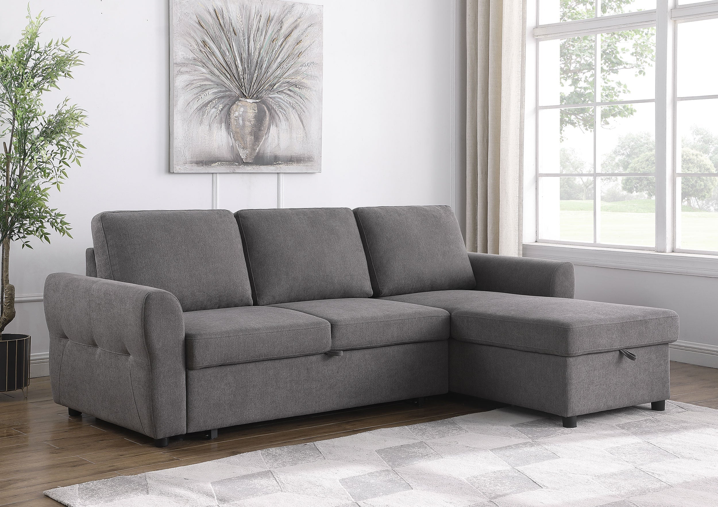 Samantha Upholstered Sleeper Sofa Sectional with Storage Chaise Grey