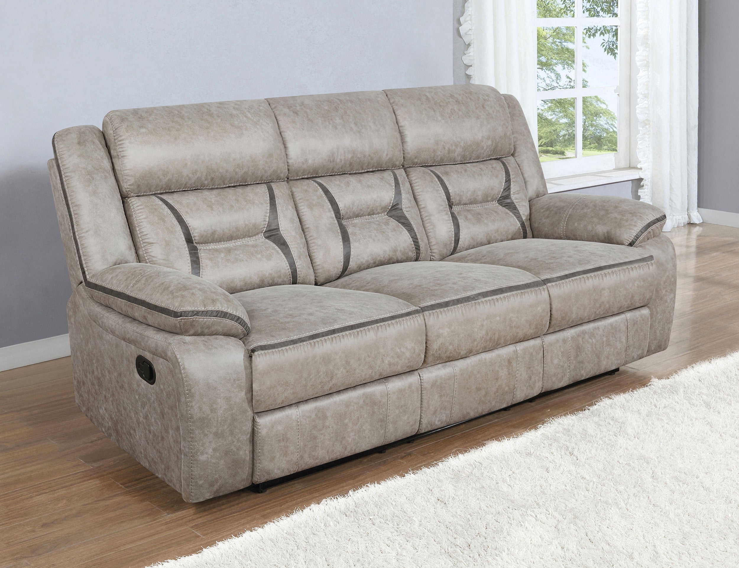 Greer Upholstered Motion Reclining Sofa Brown