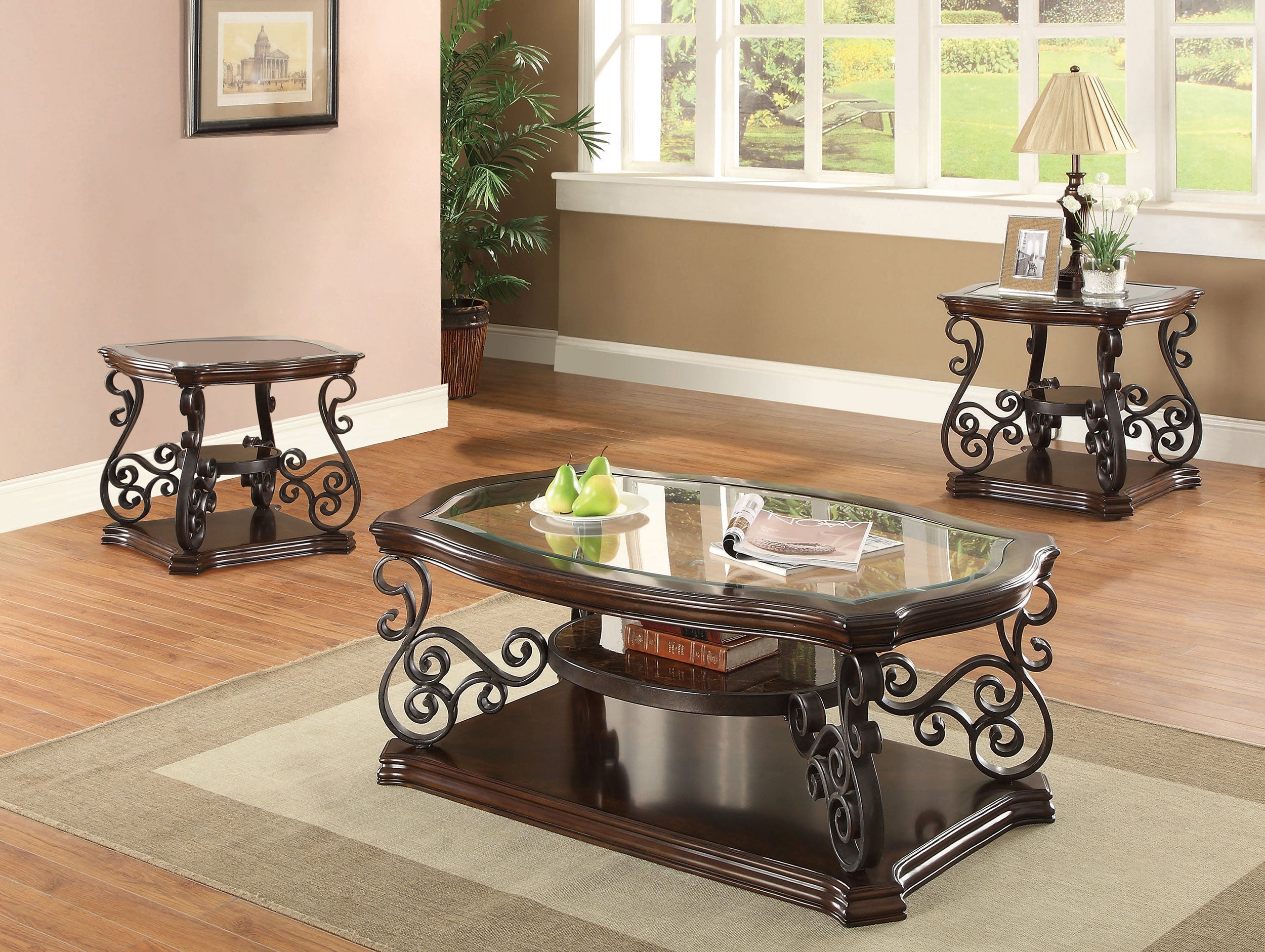 Laney  Glass Top Coffee and End Table Set Dark Merlot