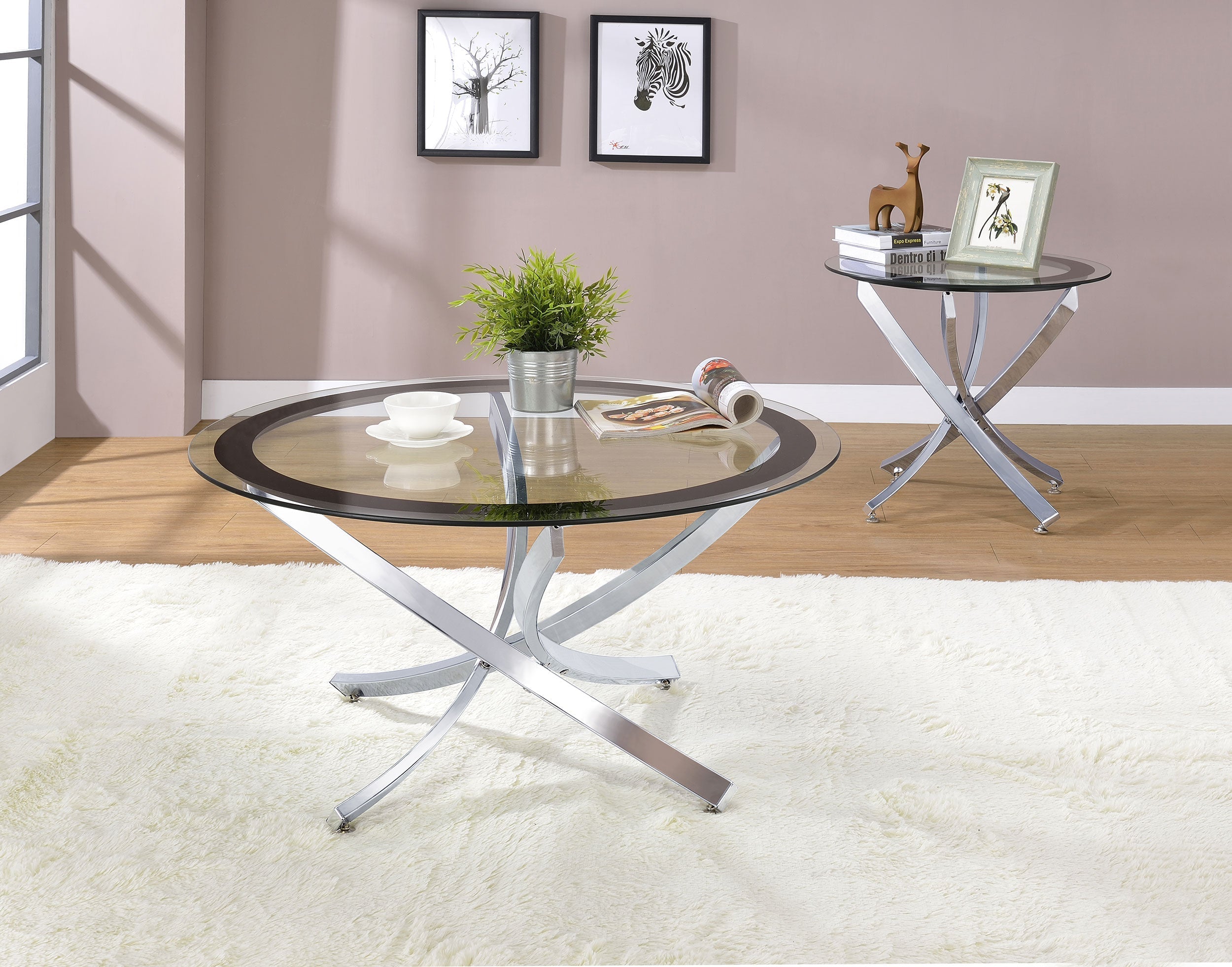 Brooke  Round Glass Top Coffee Table Set Chrome