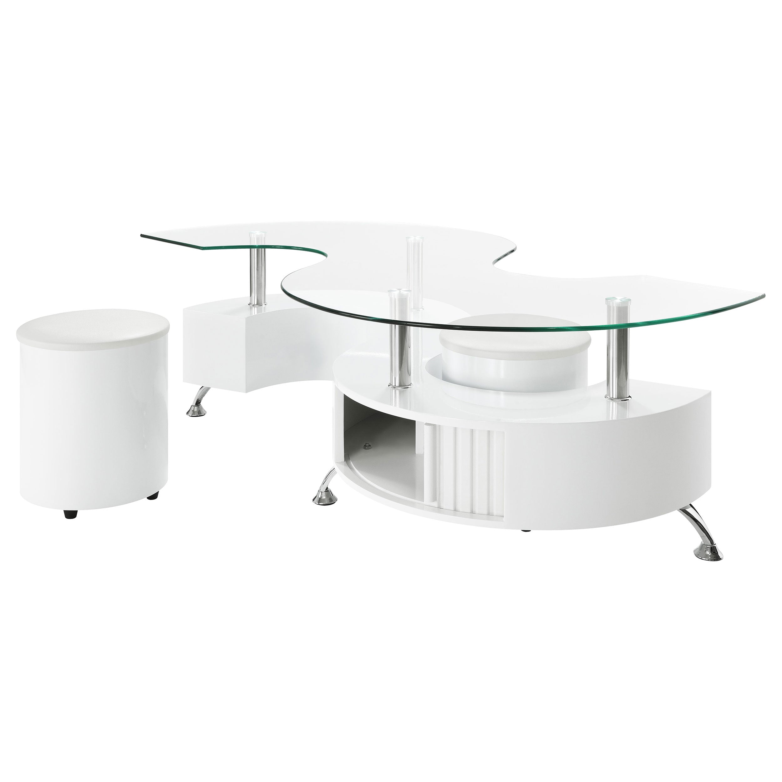 Buckley Curved Glass Top Coffee Table With Stools White High Gloss