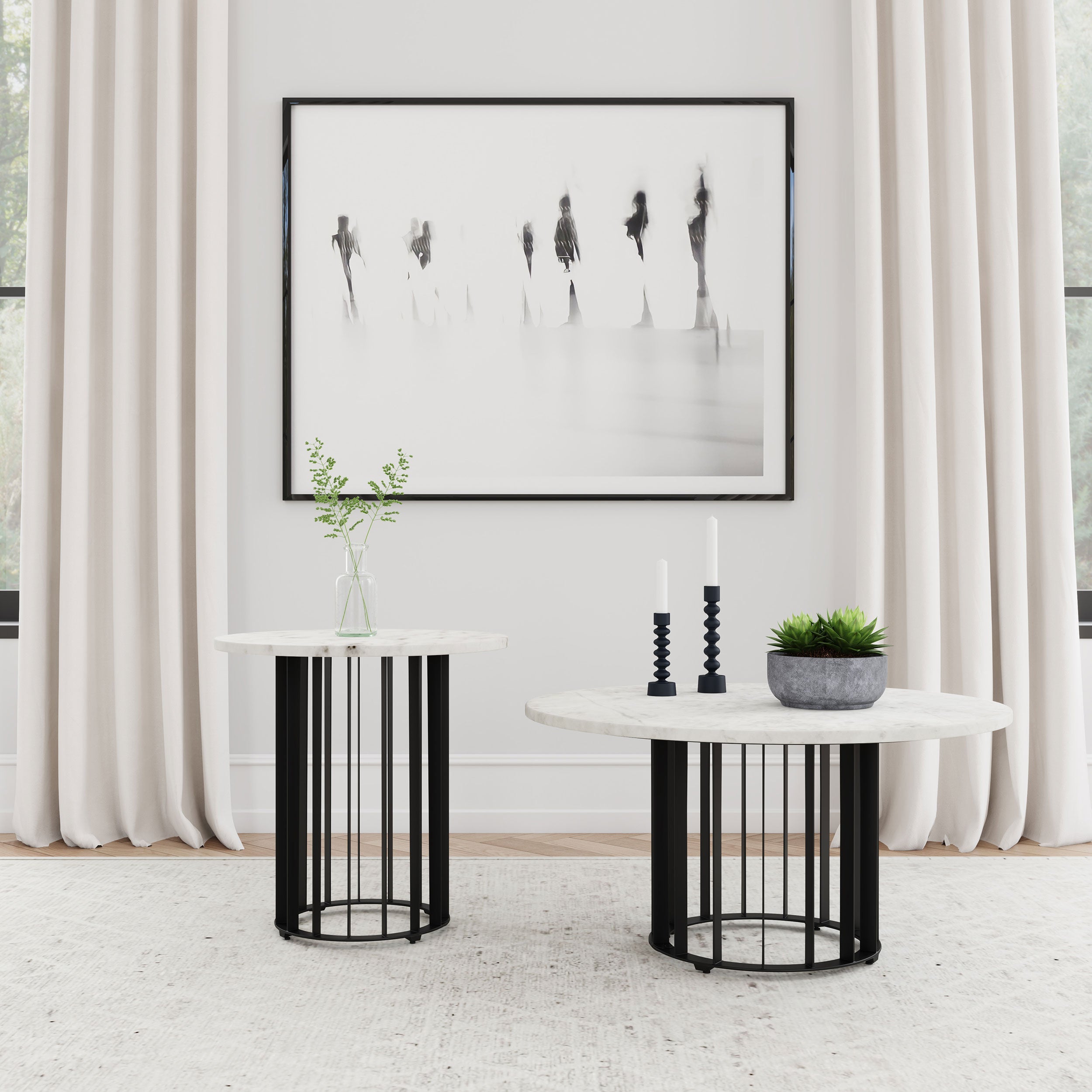 Haven  Round Marble Coffee and End Table Set Black