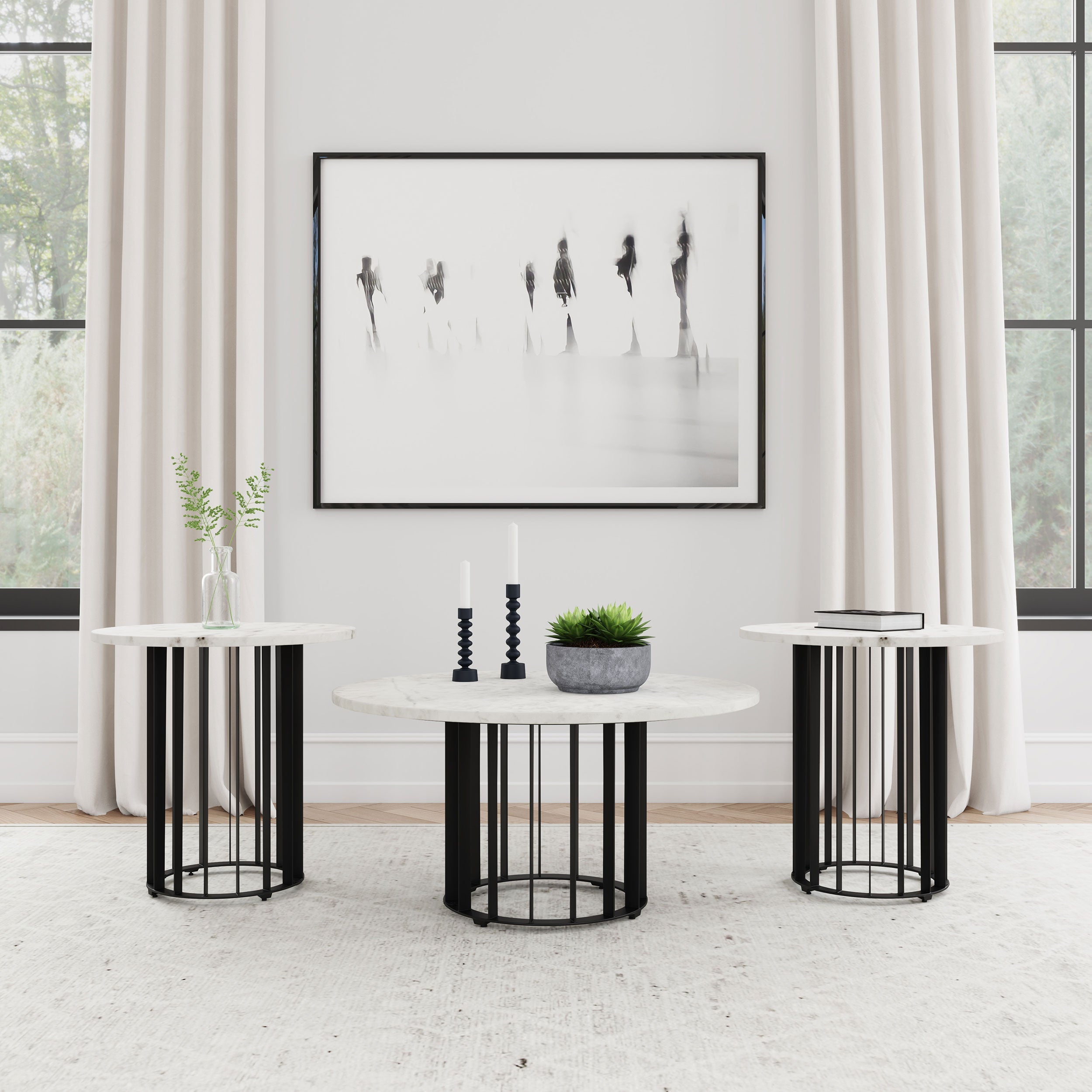 Haven  Round Marble Coffee and End Table Set Black