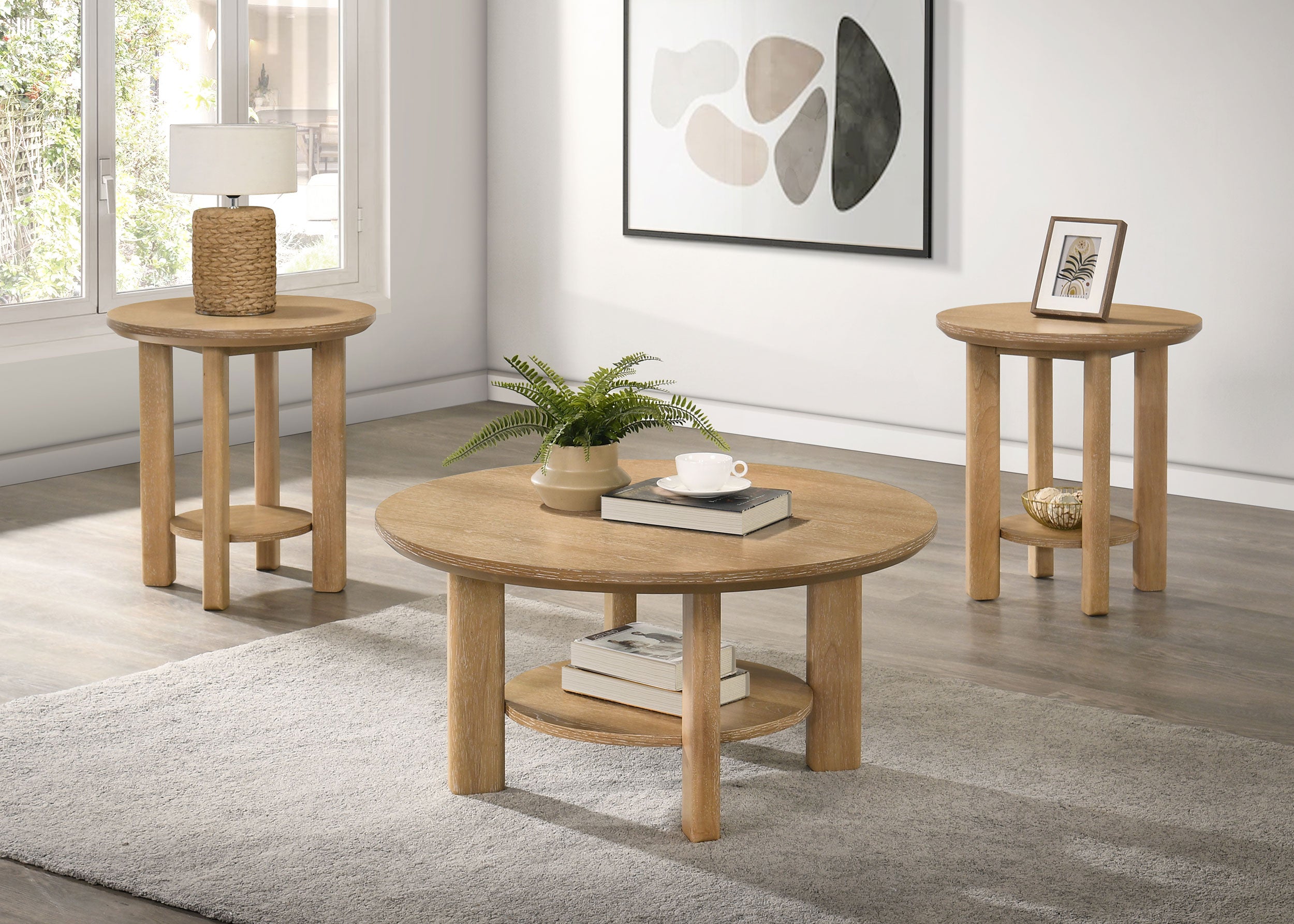 Ottowa  Round Wood Coffee Table Set Light Oak
