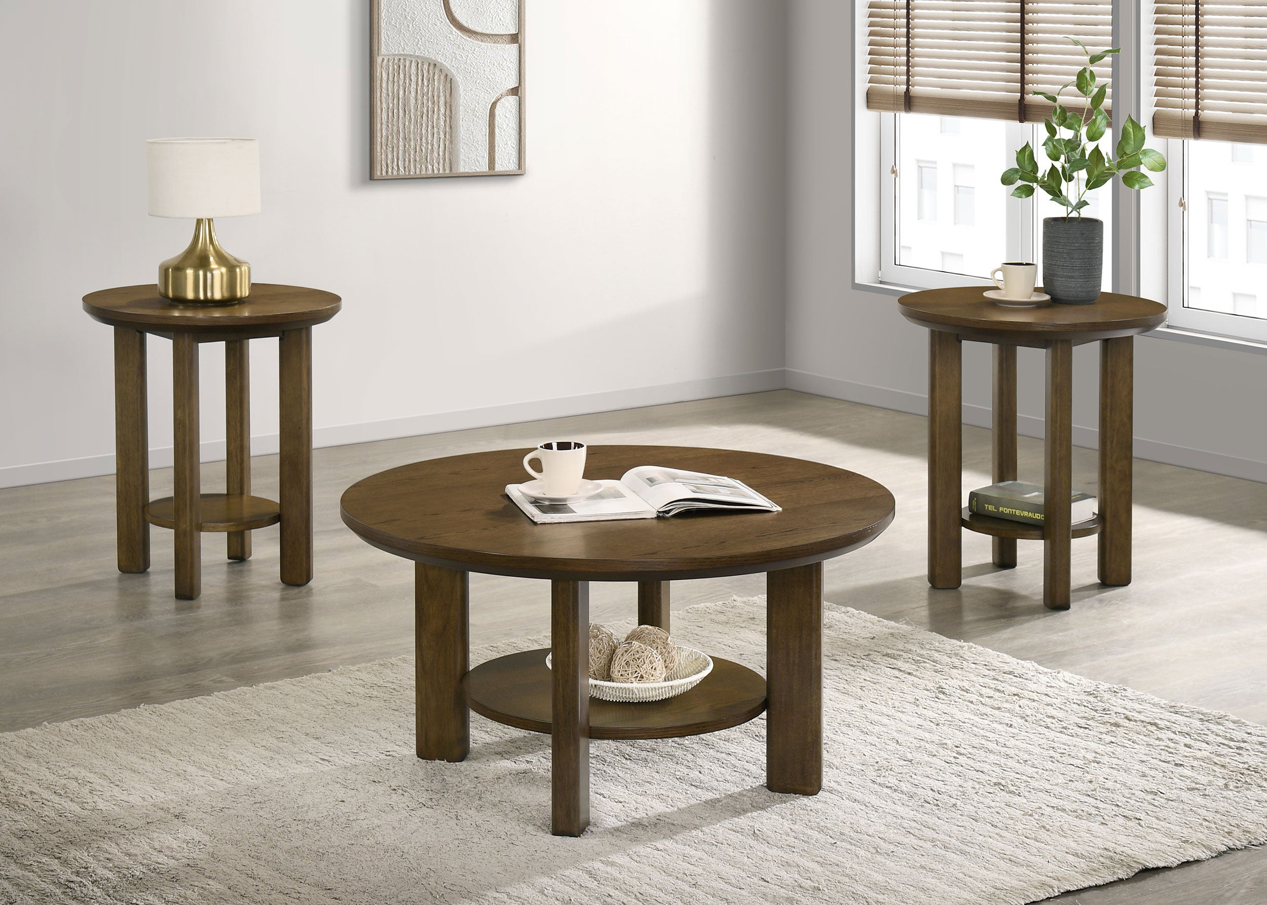 Ottowa  Round Wood Coffee Table Set Brown