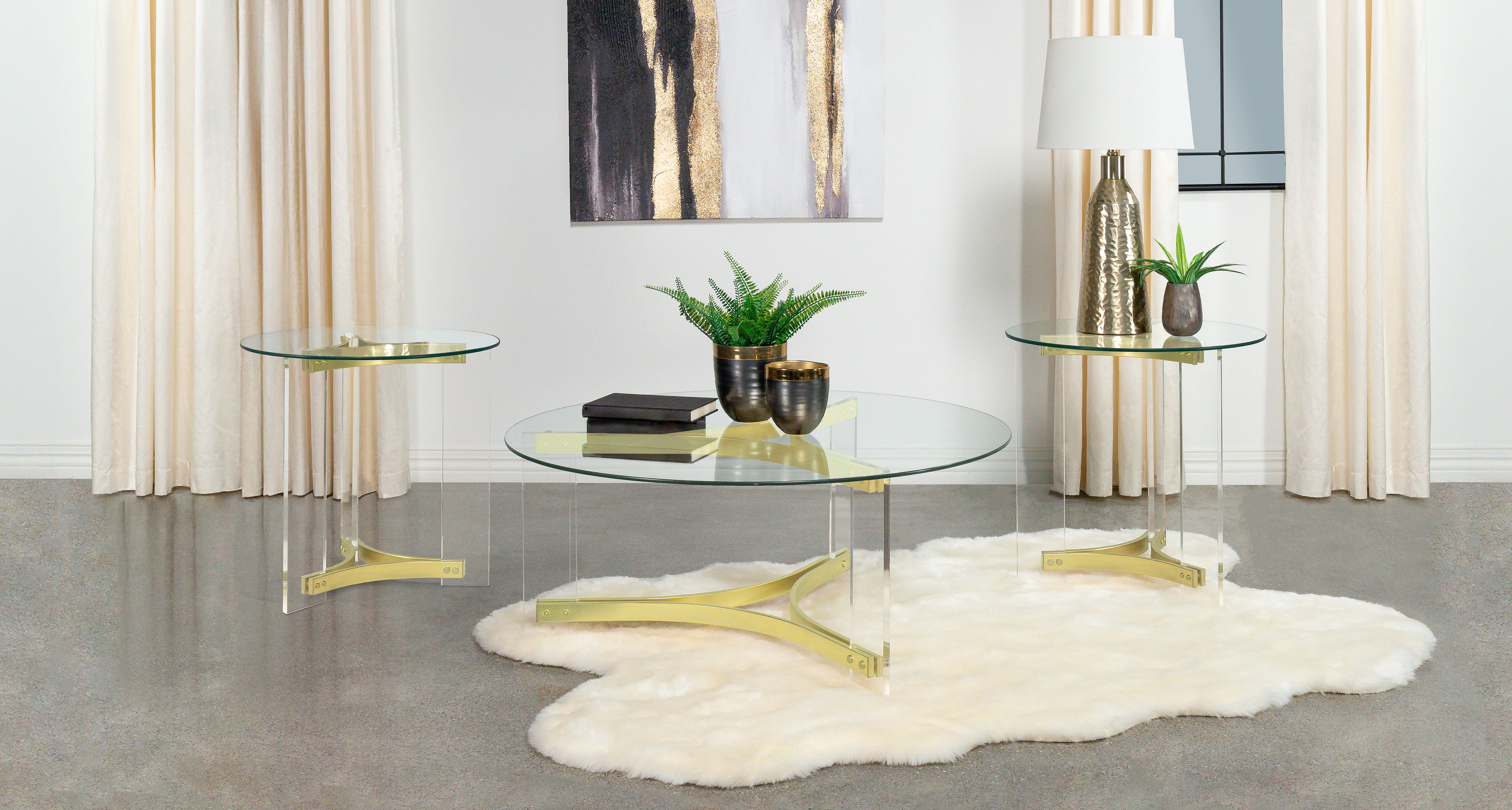 Janessa Acrylic Coffee and End Table Set Matte Brass