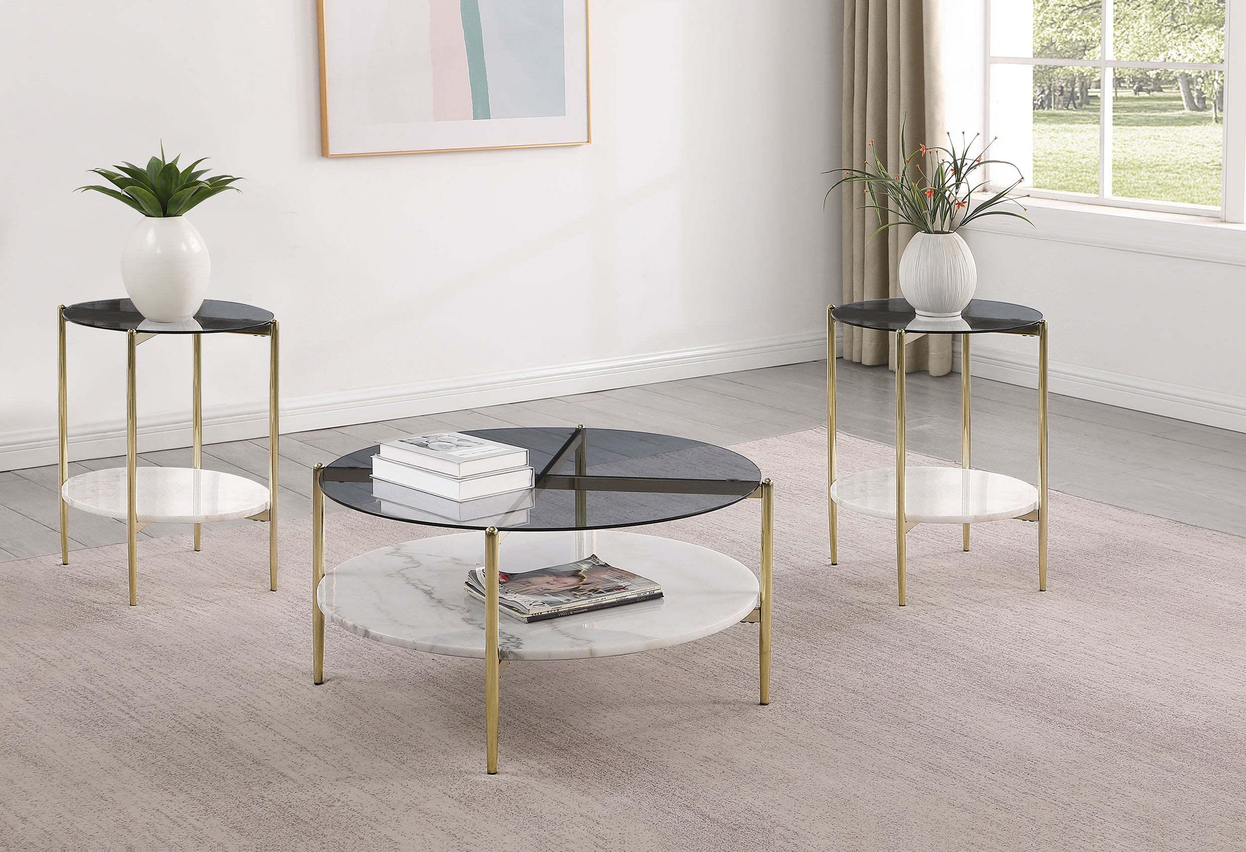 Jonelle  Round Coffee and End Table Set Gold