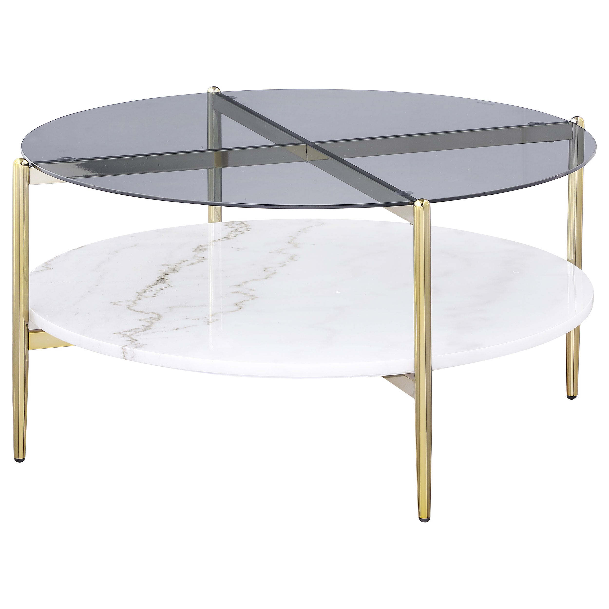 Jonelle Round Glass Top Coffee Table White Marble Shelf Gold