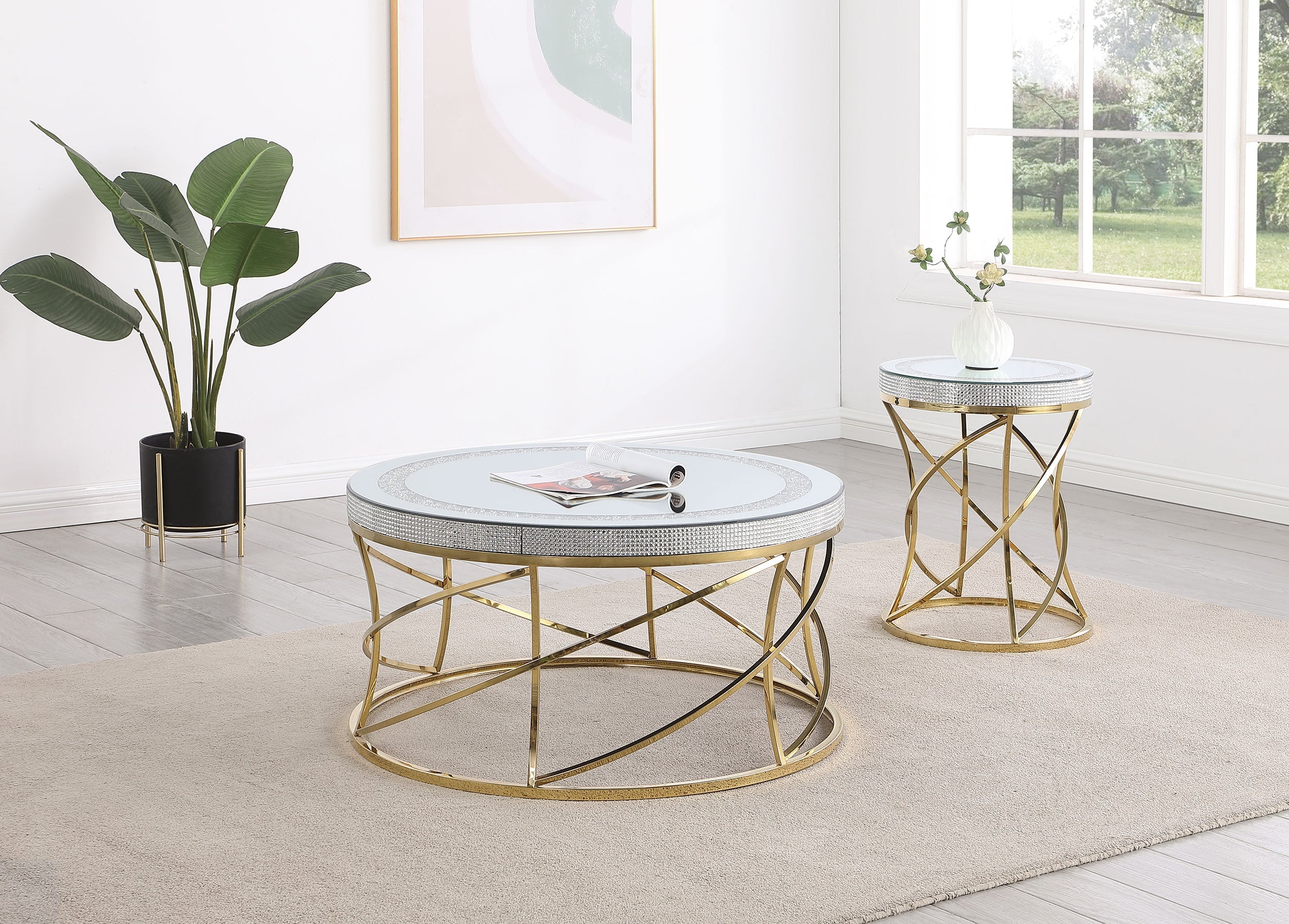Elise  Round Mirror Top Coffee and End Table Set Gold
