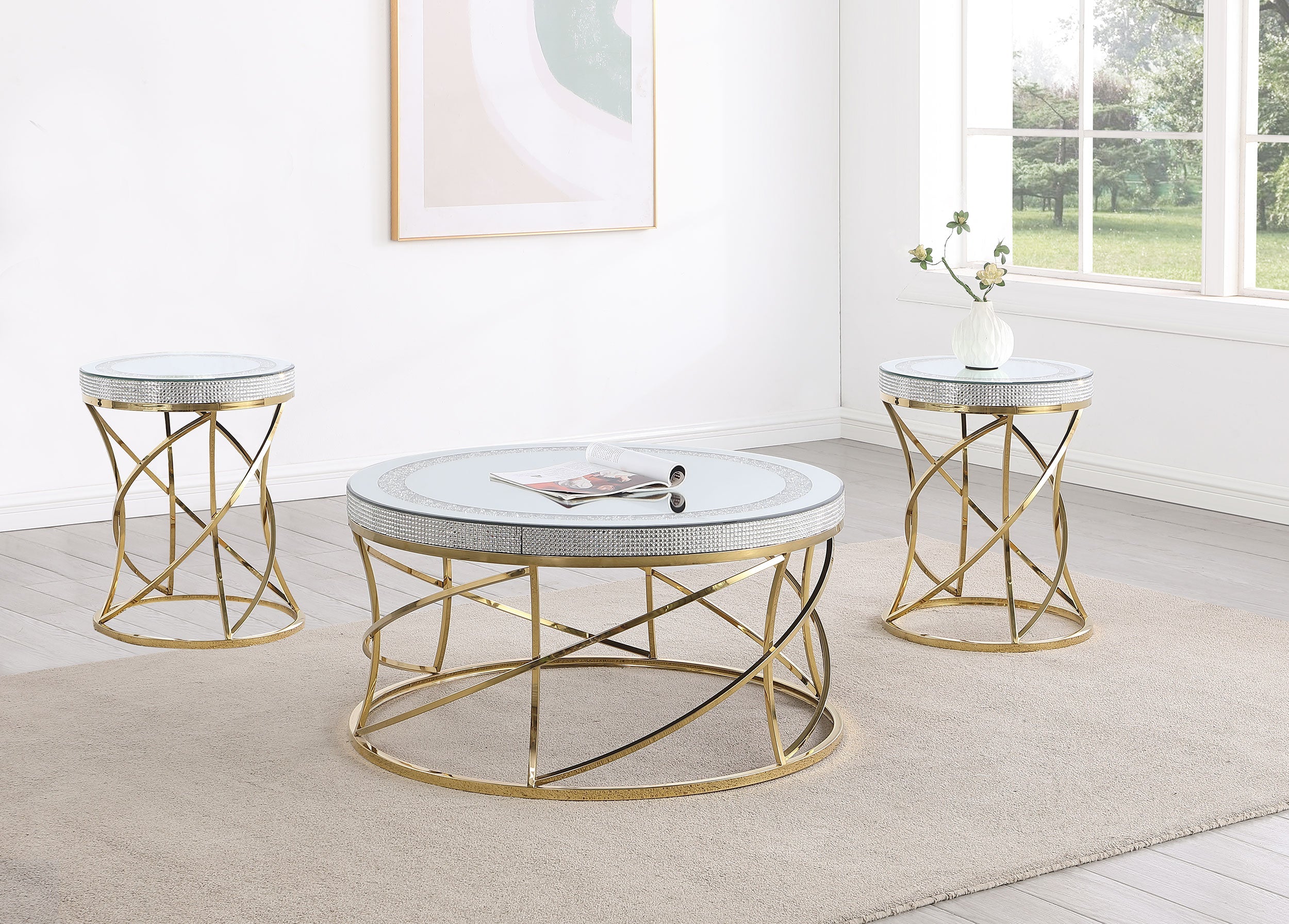 Elise  Round Mirror Top Coffee and End Table Set Gold