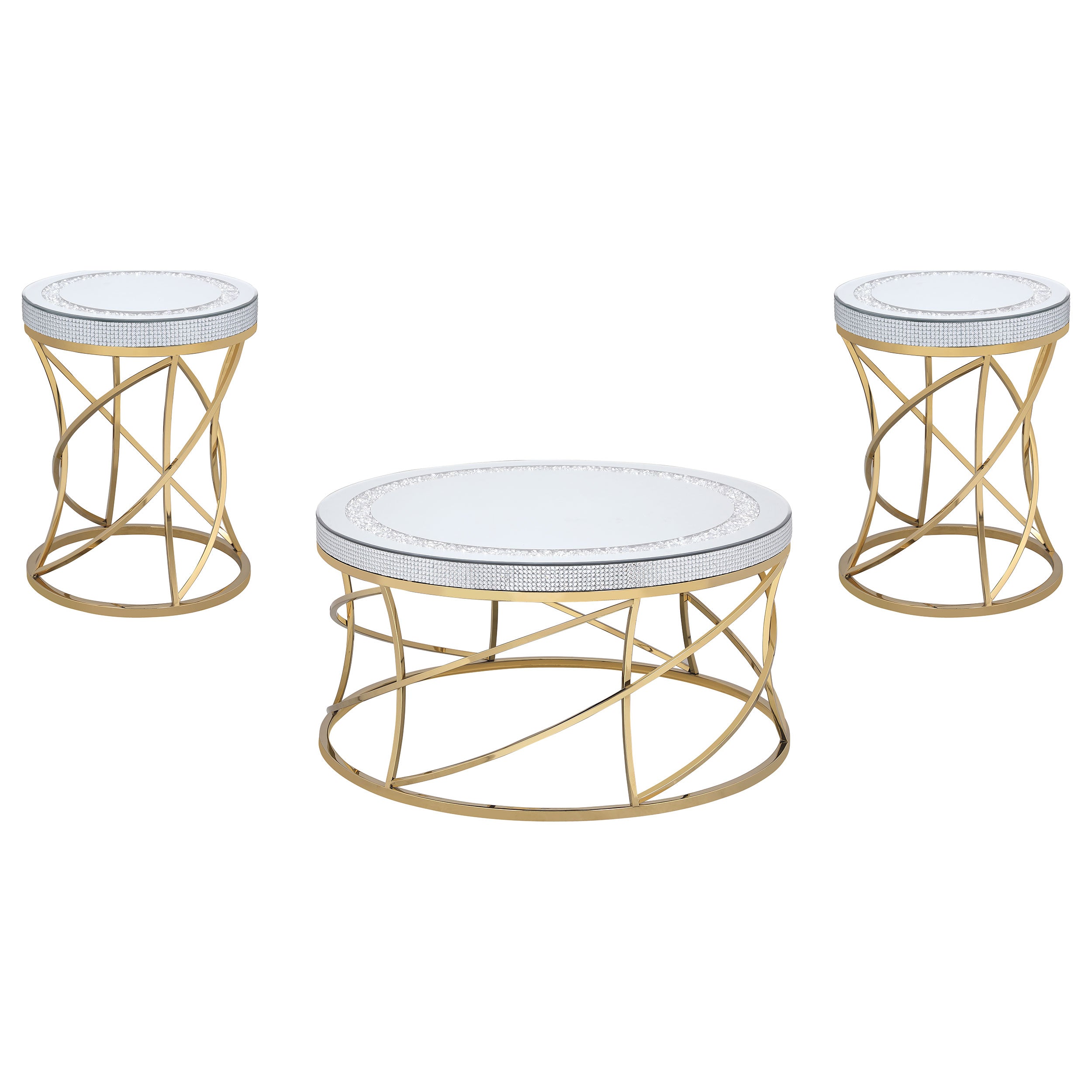 Elise  Round Mirror Top Coffee and End Table Set Gold