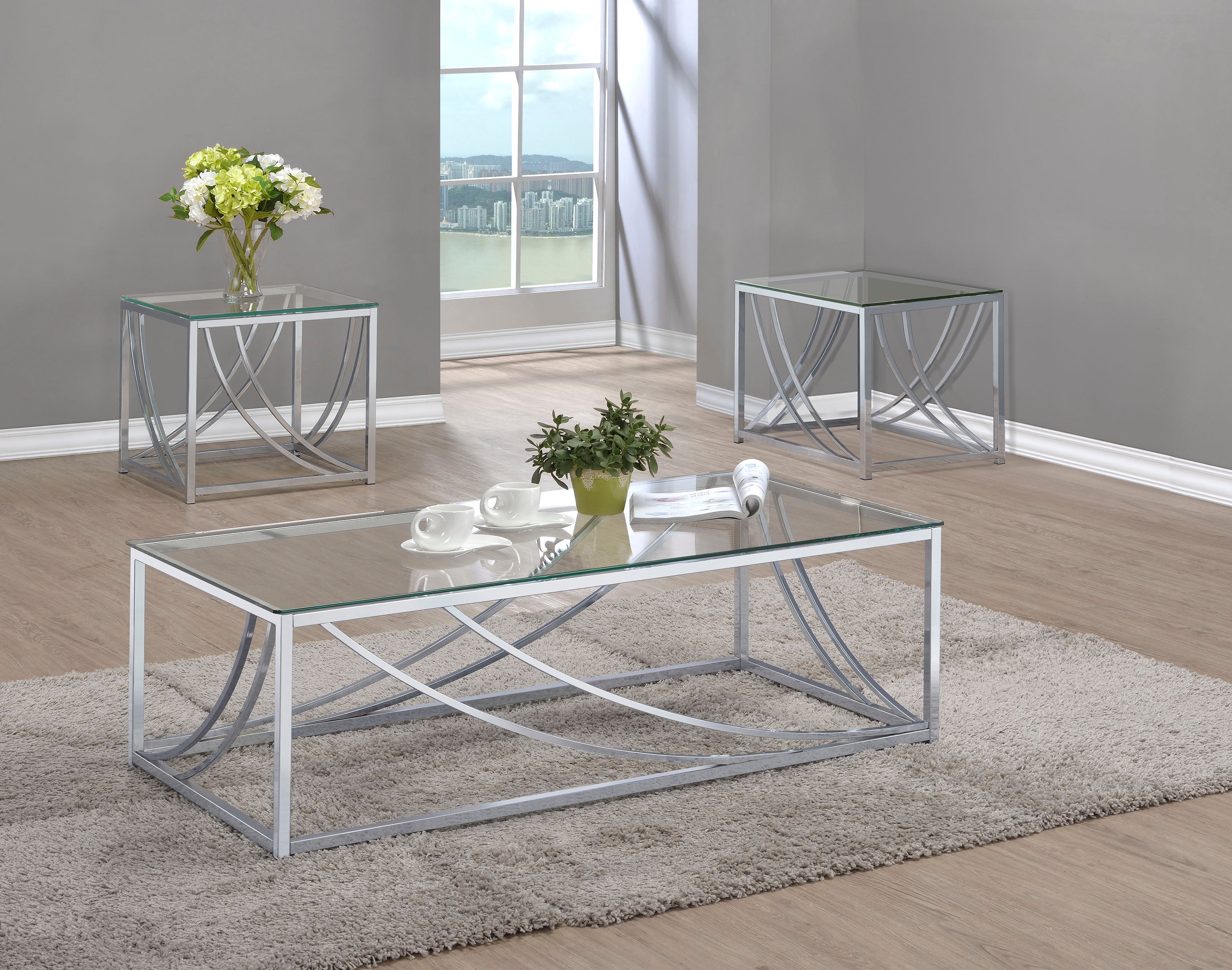 Lille 3-piece Glass Top Coffee End Sofa Table Set Chrome