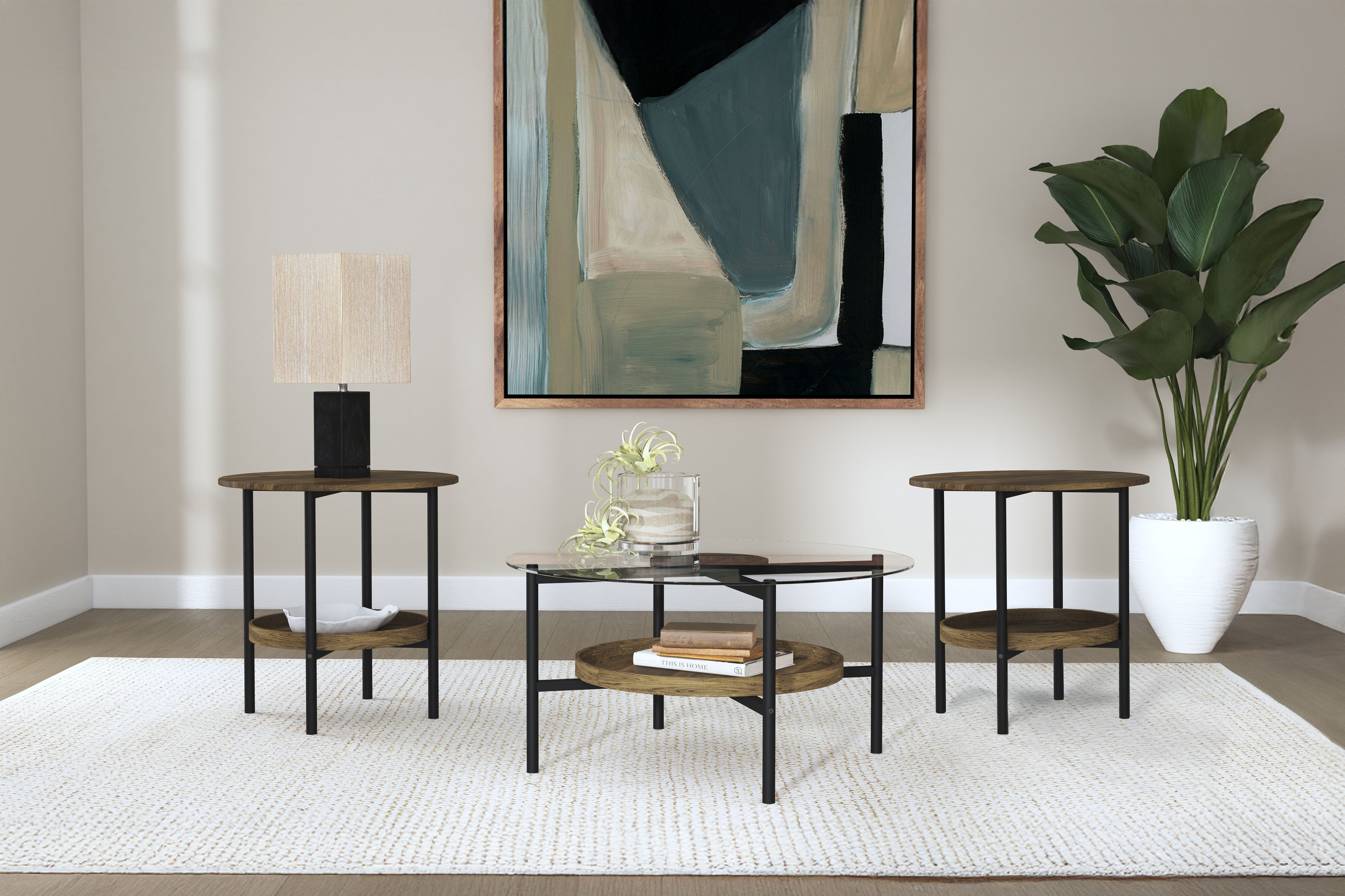 Delfin  Round Coffee and End Table Set Brown