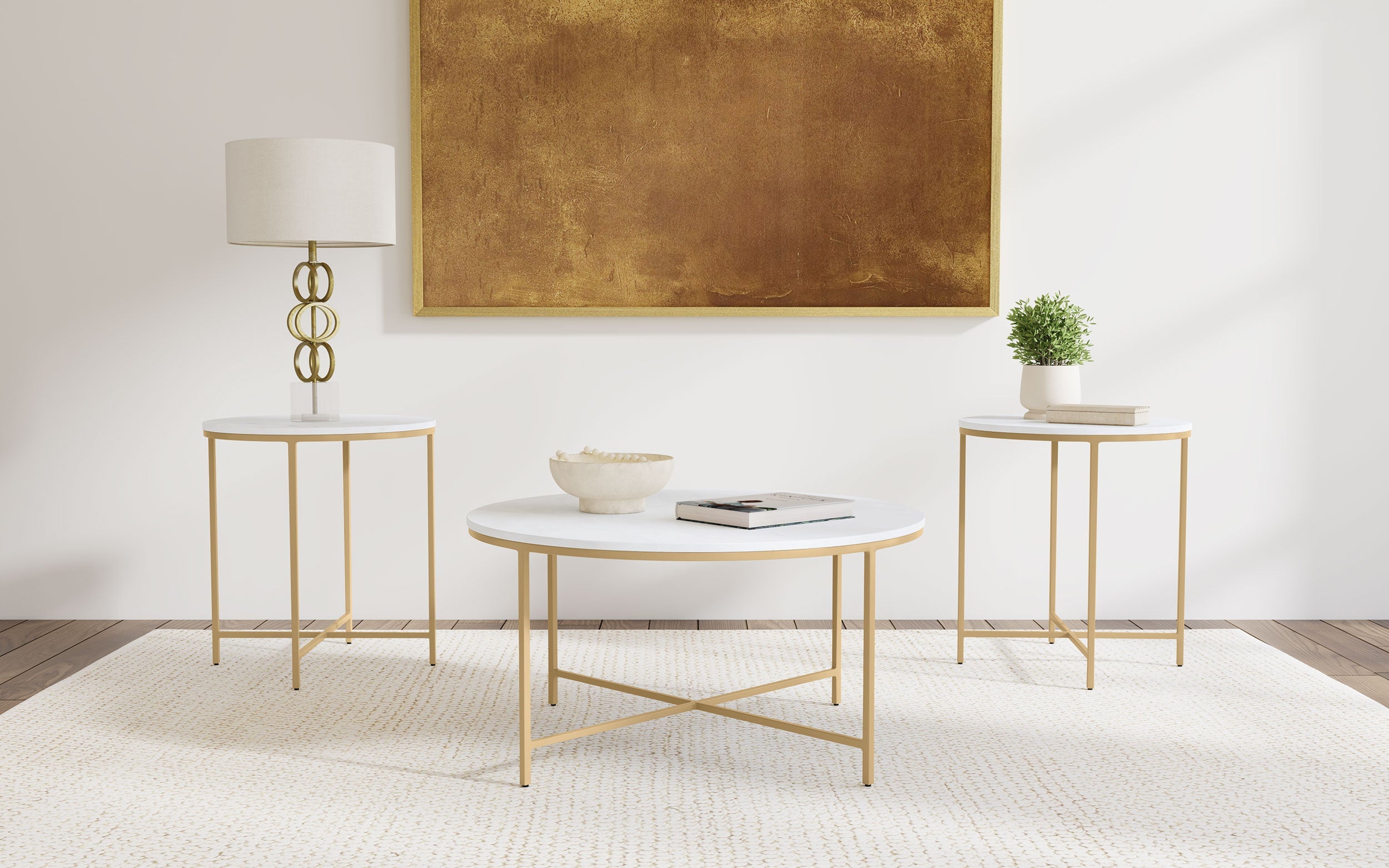 Ellison  Round Marble Coffee and End Table Set White