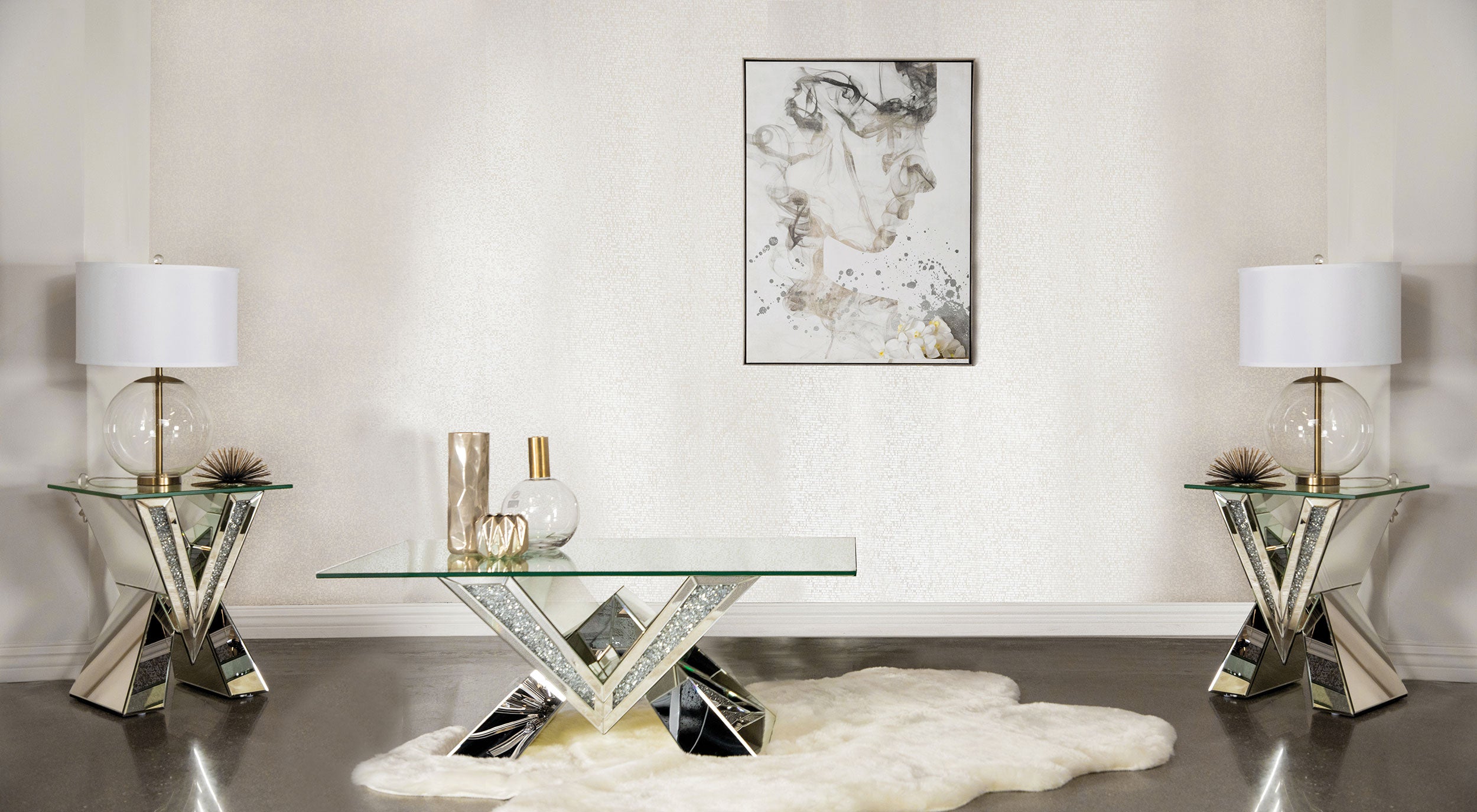 Taffeta Mirrored Coffee and End Table Set Silver