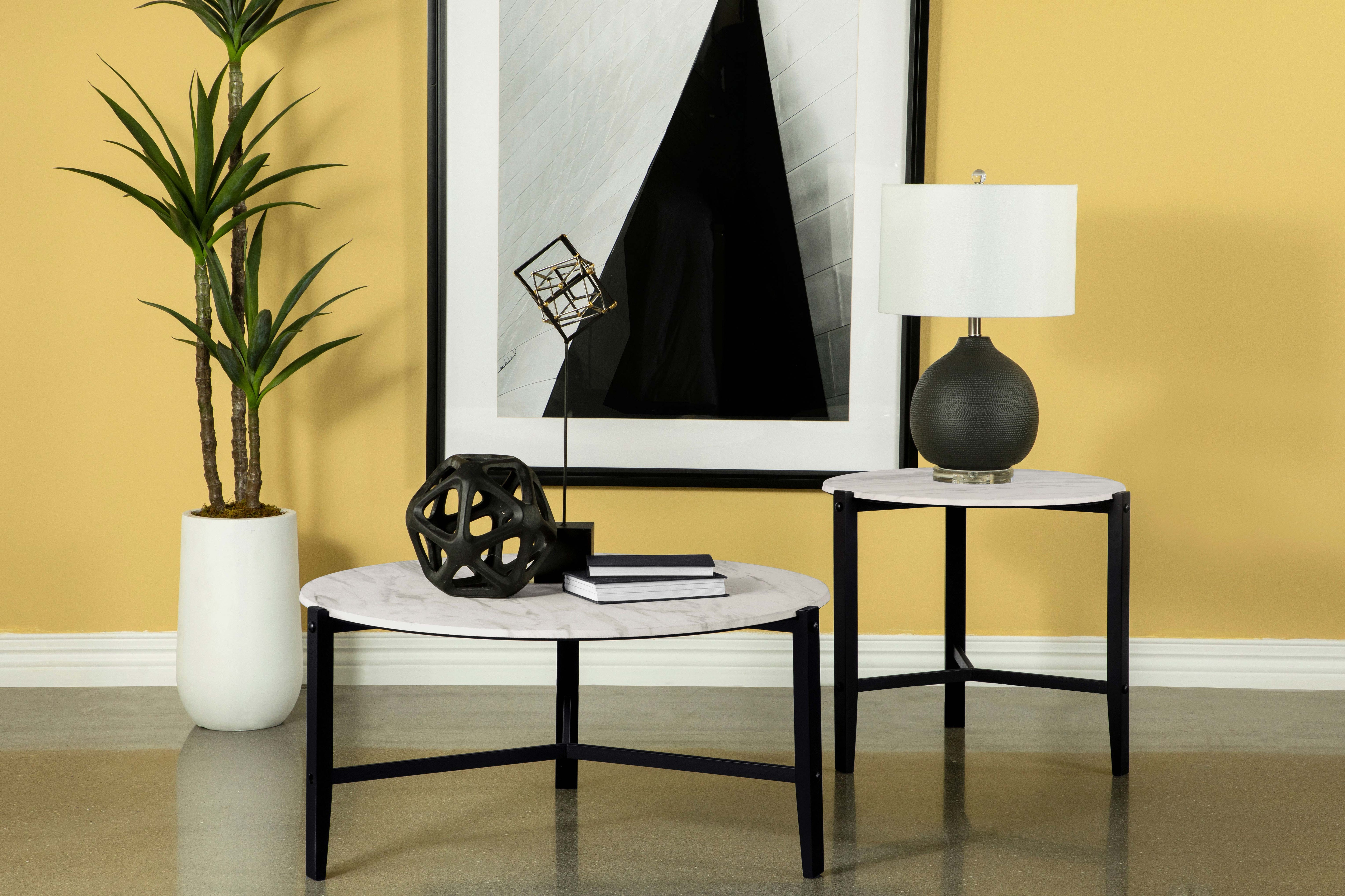 Tandi Round End Table Faux White Marble and Black