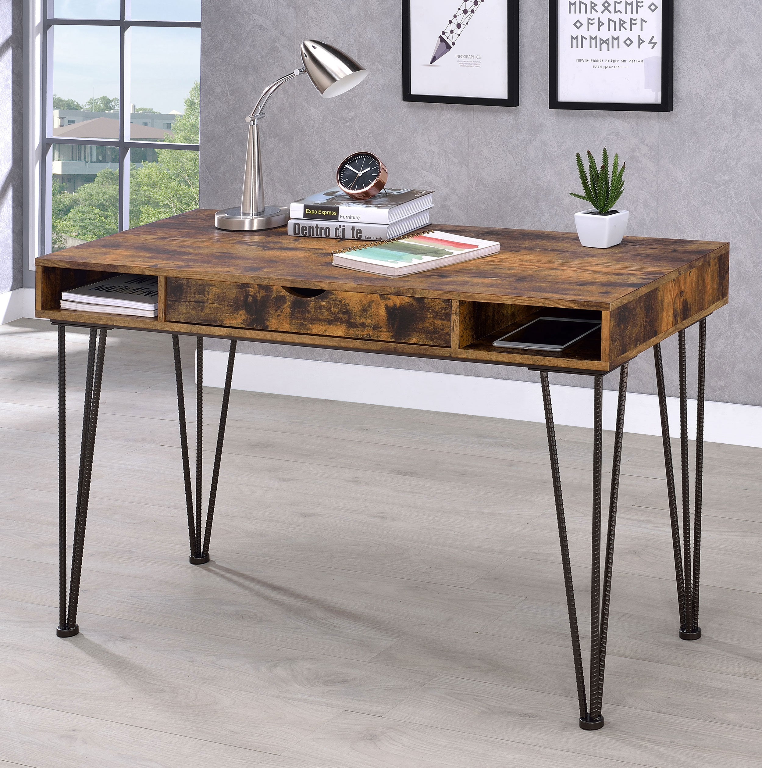 Olvera 1-drawer Writing Desk Antique Nutmeg and Dark Bronze