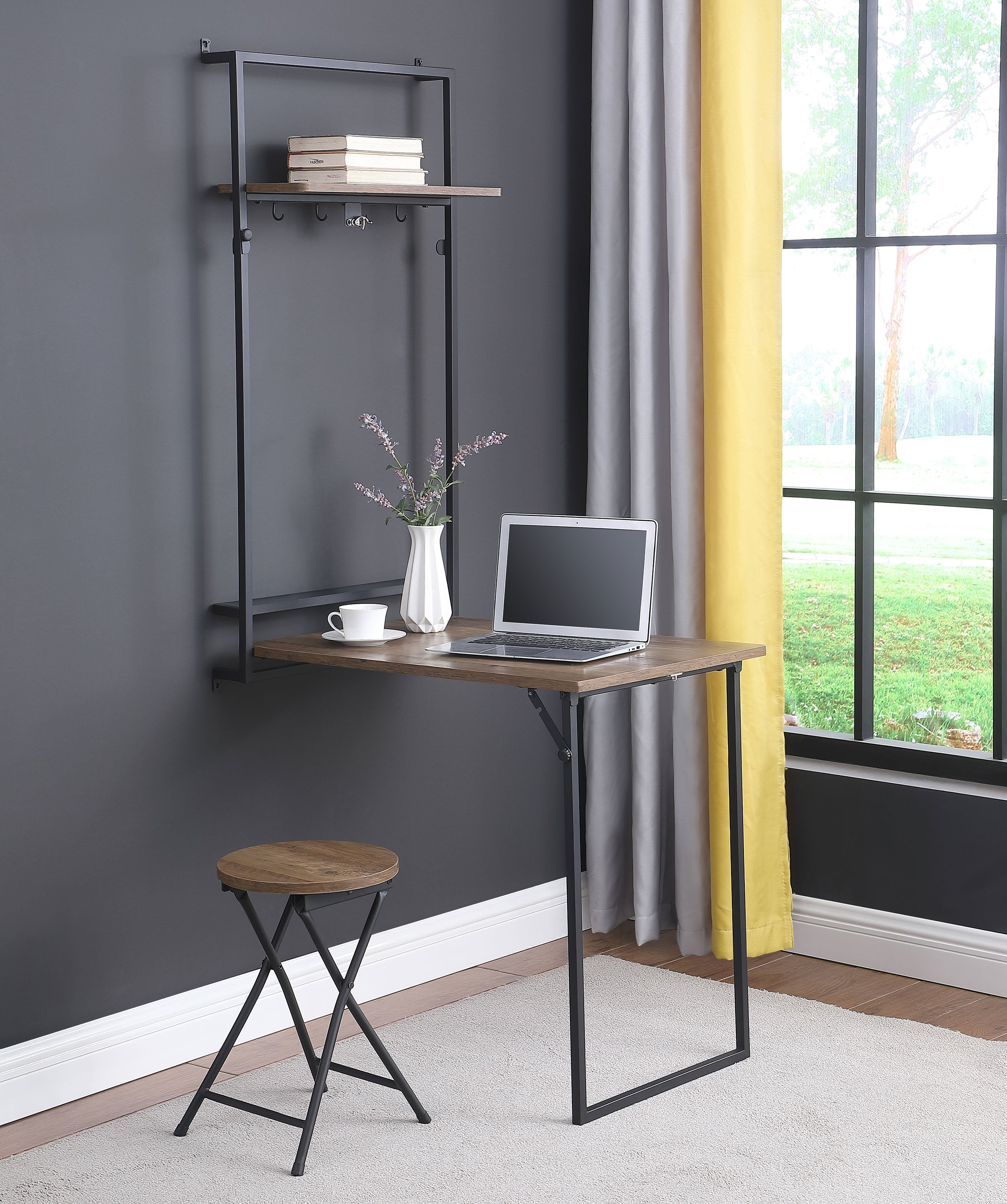 Riley Foldable Wall Desk with Stool Rustic Oak and Sandy Black