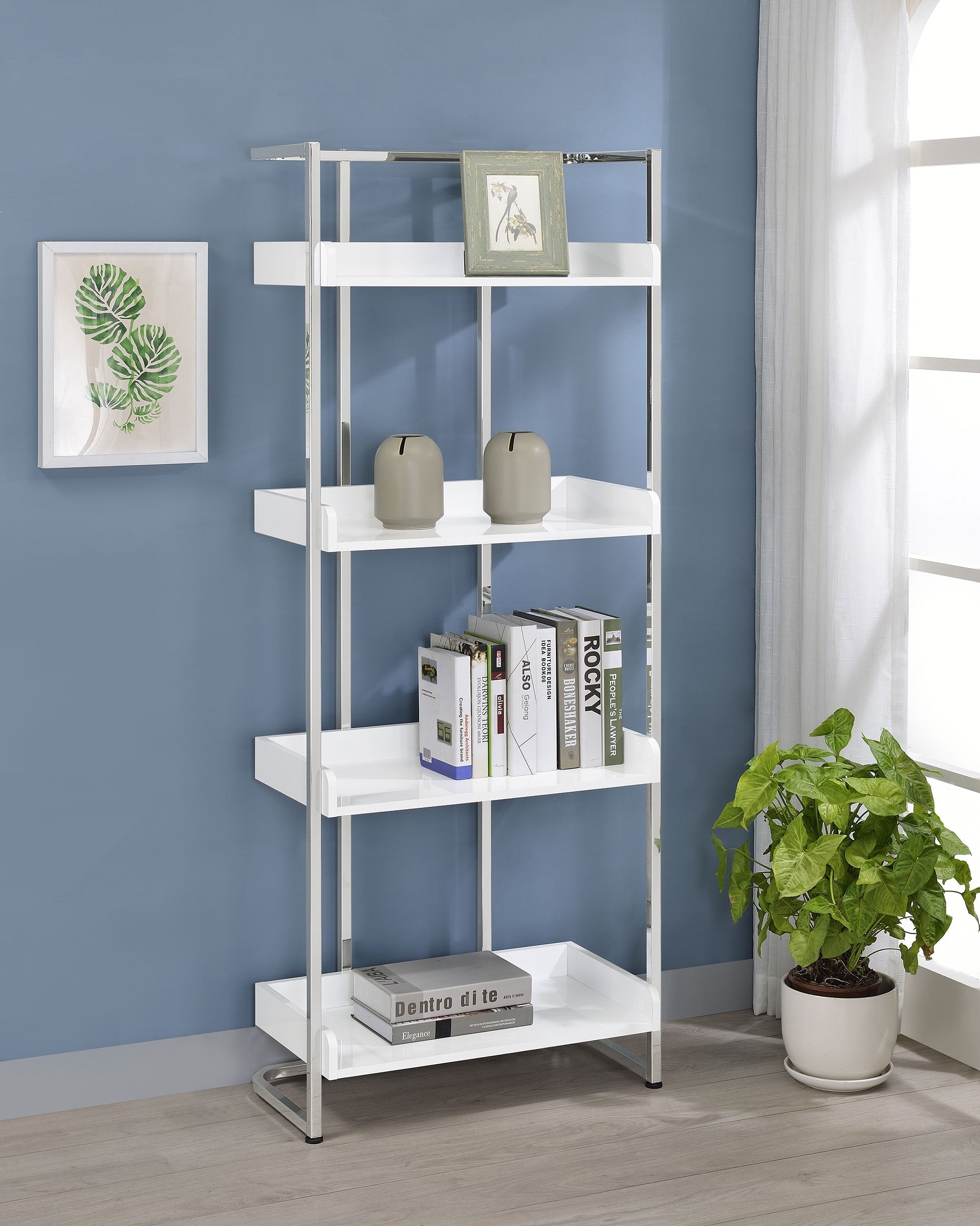 Ember 4-shelf Bookcase White High Gloss and Chrome