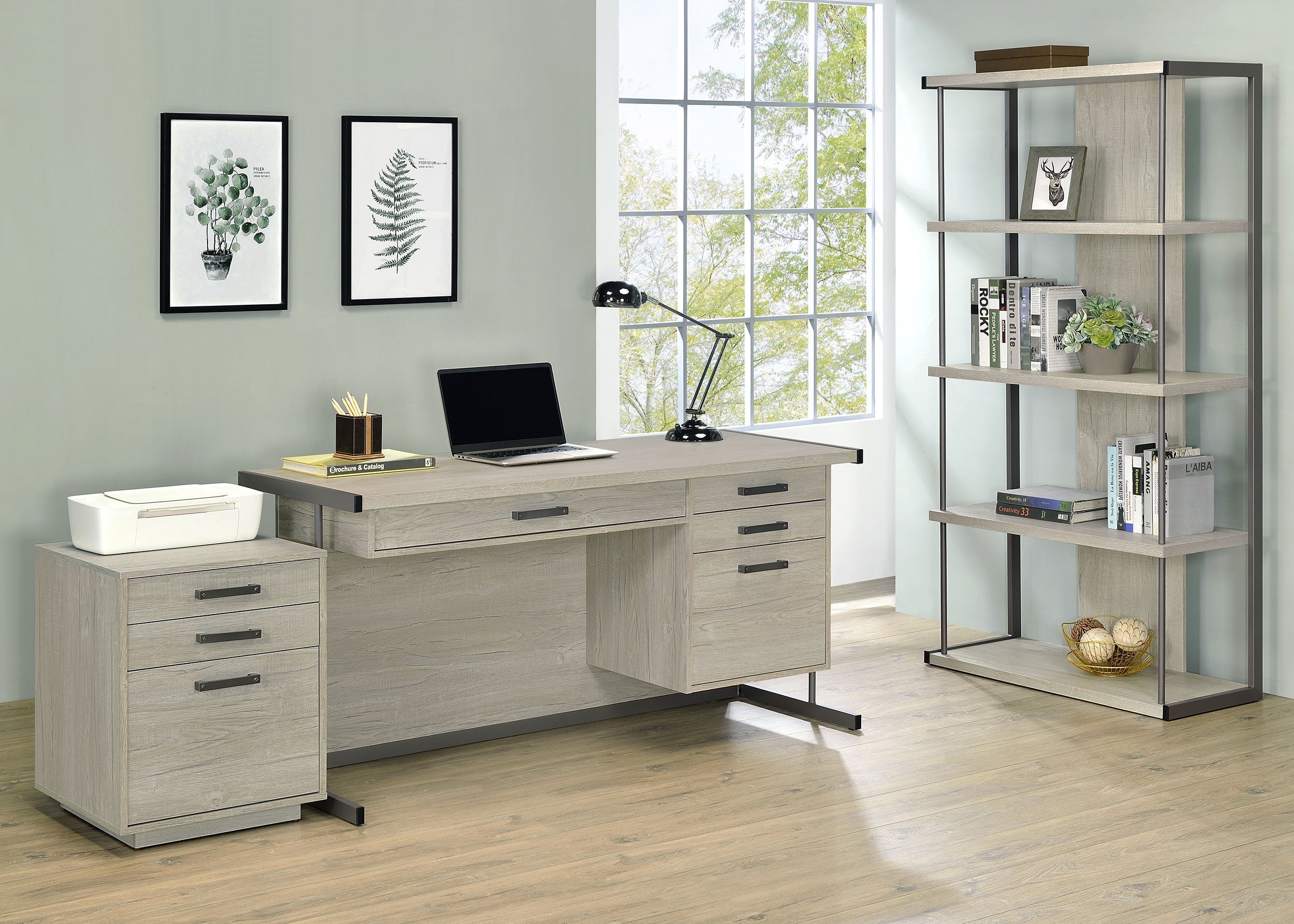 Loomis 4-drawer Rectangular Office Desk Whitewashed Grey and Gunmetal