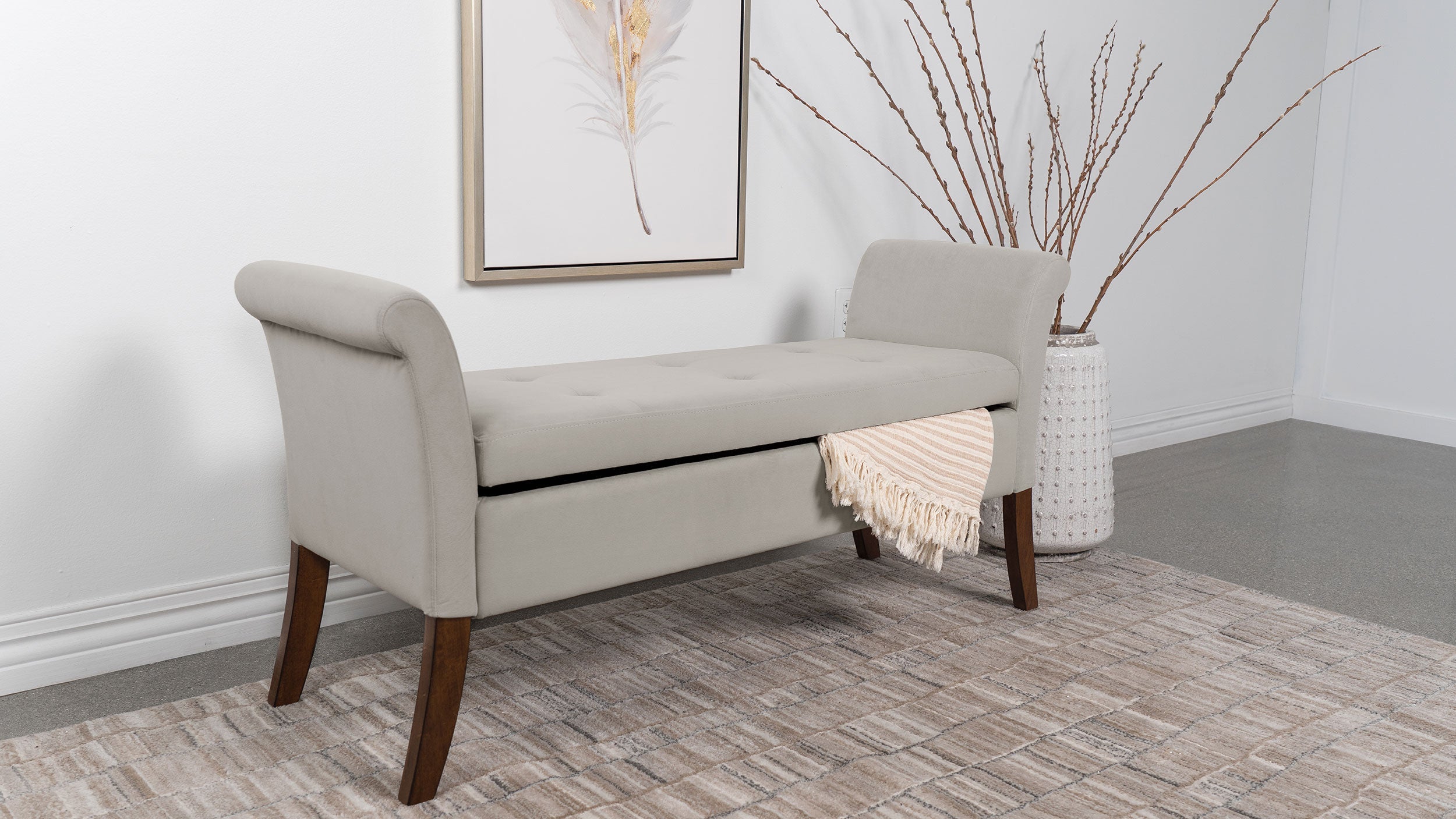 Farrah Upholstered Rolled Arms Storage Bench Beige and Brown