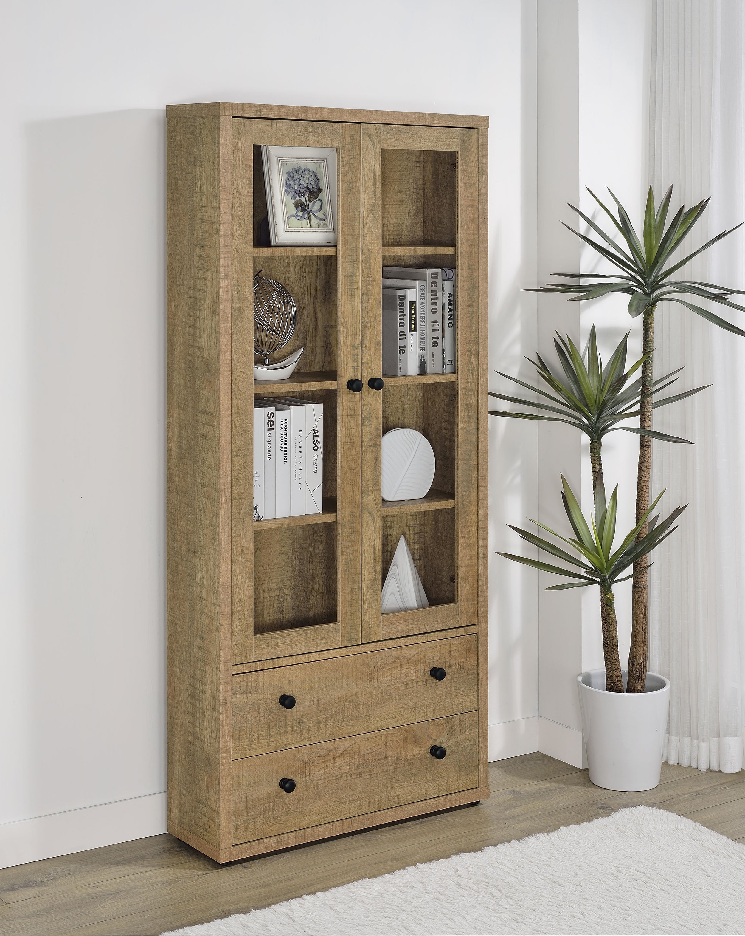 Hawthorne 4-shelf Glass Door Tall Cabinet with Drawers Mango