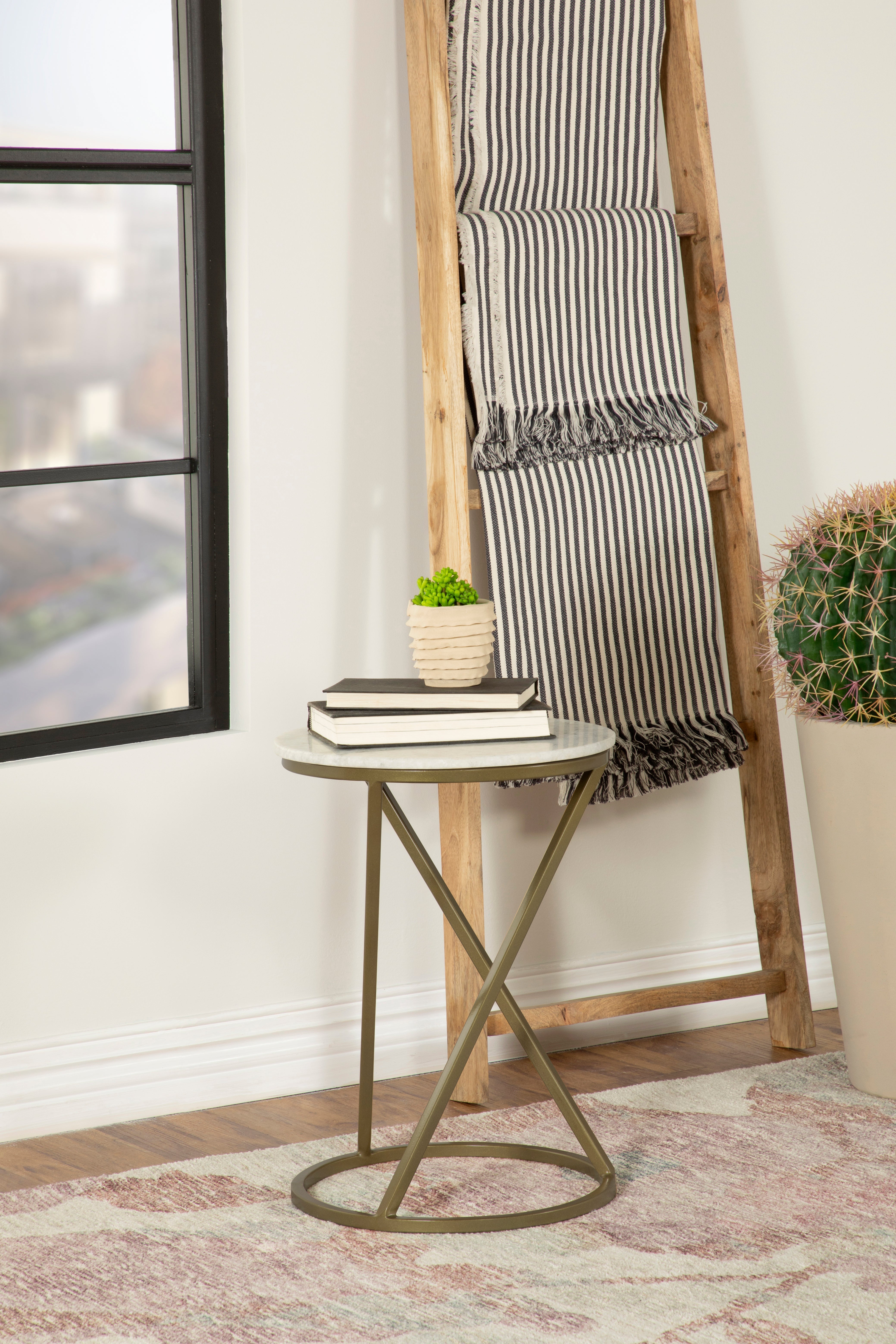 Malthe Round Accent Table with Marble Top White and Antique Gold